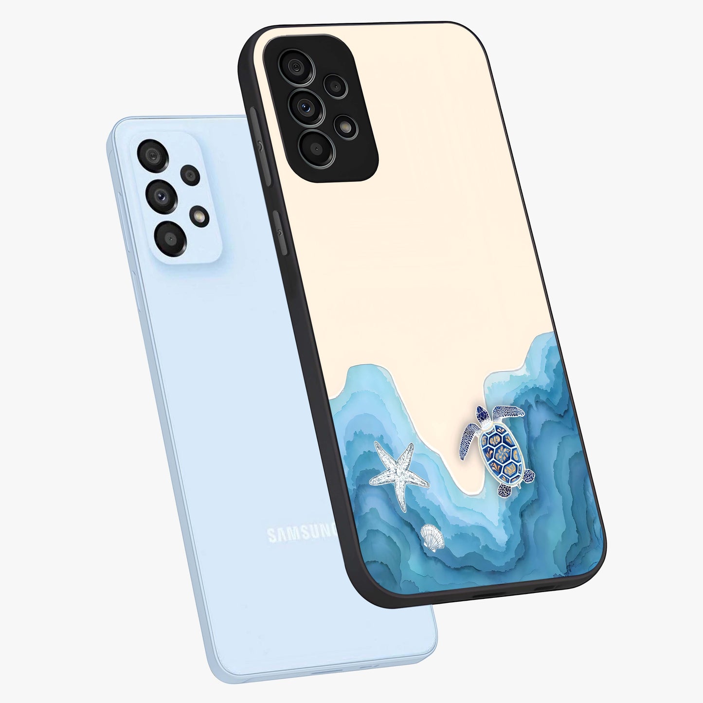 Ocean Drift Turtle Glass Case displayed in angled mockup highlighting peaceful ocean turtle illustration with marine aesthetic.