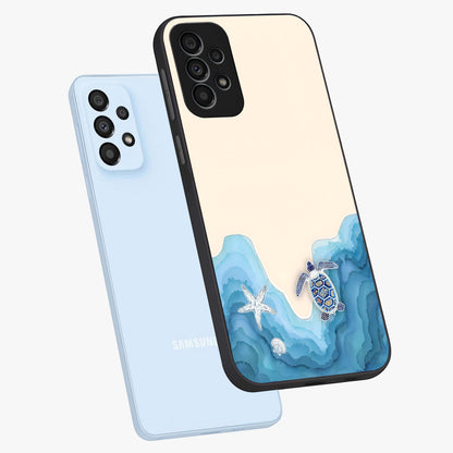 Ocean Drift Turtle Glass Case displayed in angled mockup highlighting peaceful ocean turtle illustration with marine aesthetic.