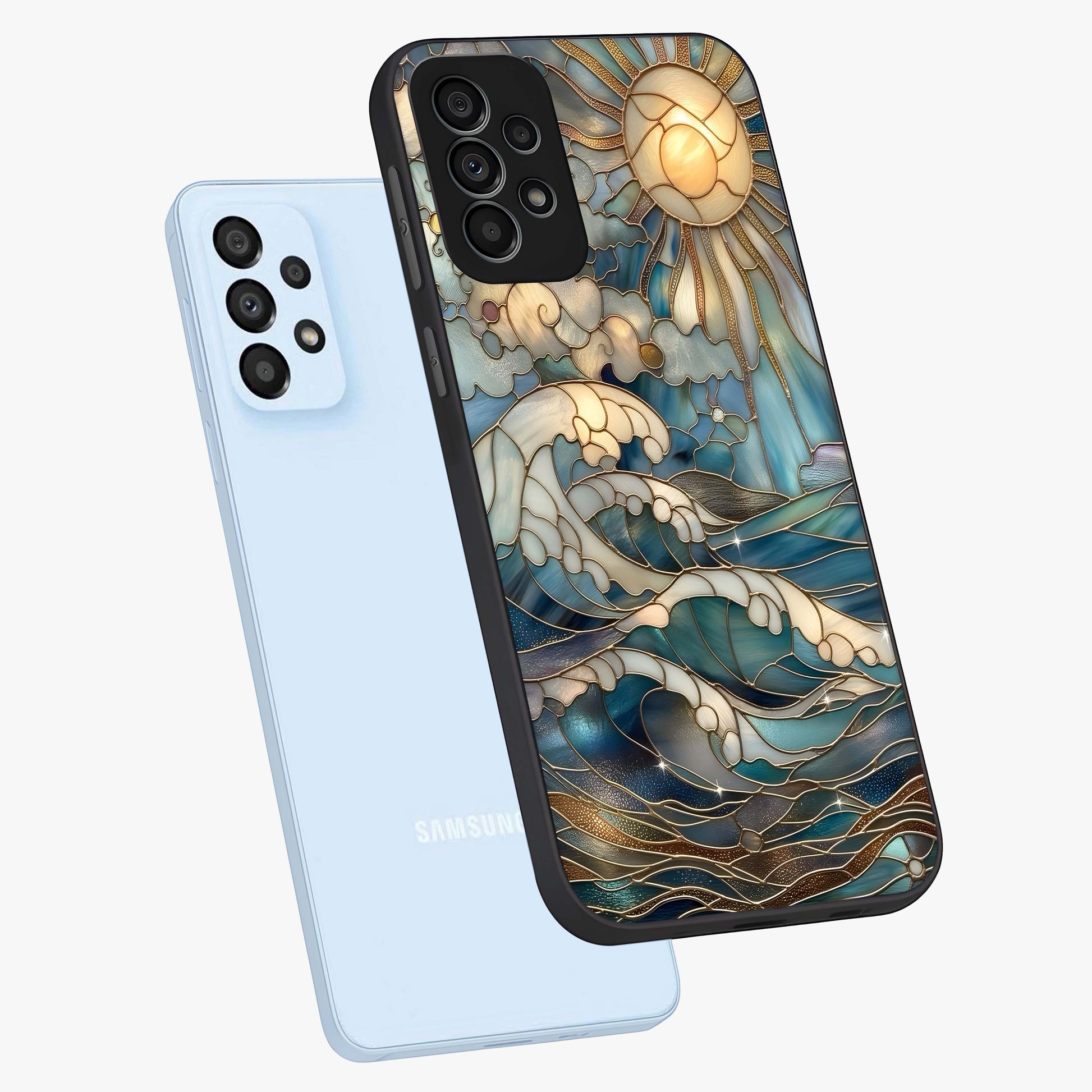 Oceanic Stained Printed Glass Case displayed in angled mockup highlighting colorful aquatic design with artistic aesthetic style.