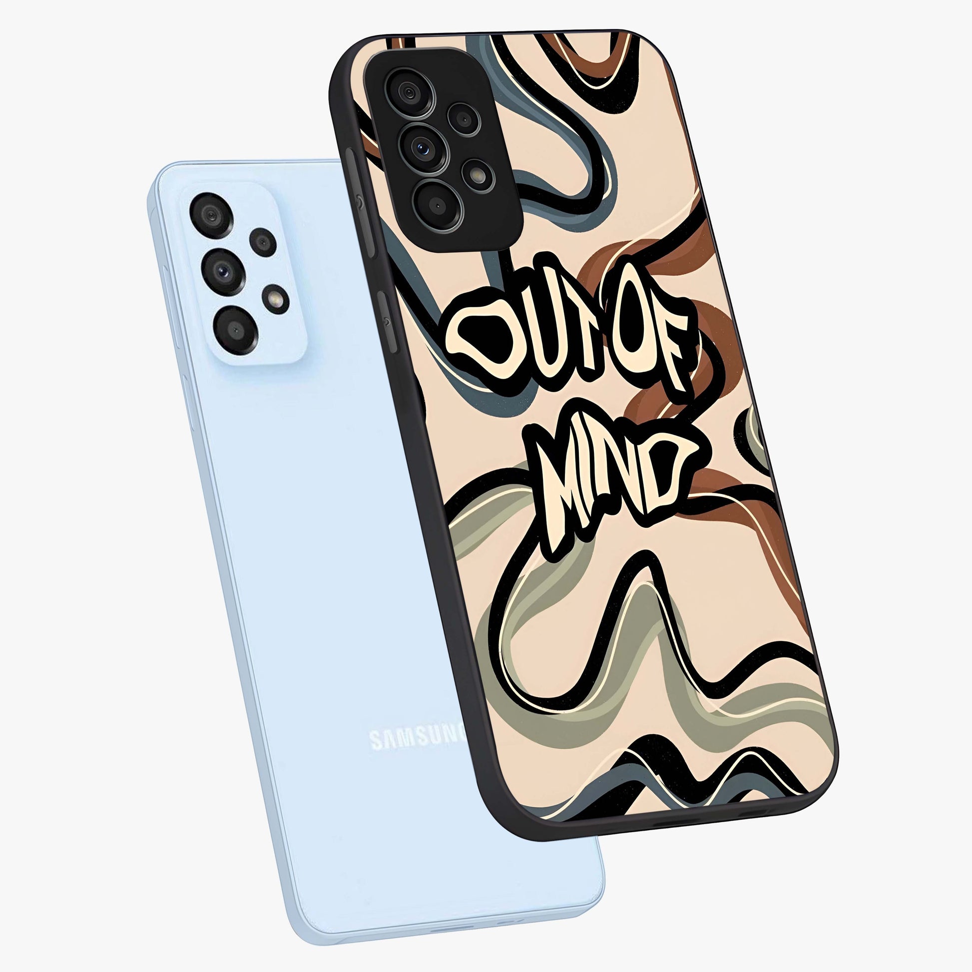 Out Of Mind Glass Case displayed in angled mockup highlighting bold statement design with modern artistic aesthetic.