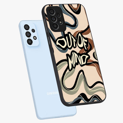 Out Of Mind Glass Case displayed in angled mockup highlighting bold statement design with modern artistic aesthetic.