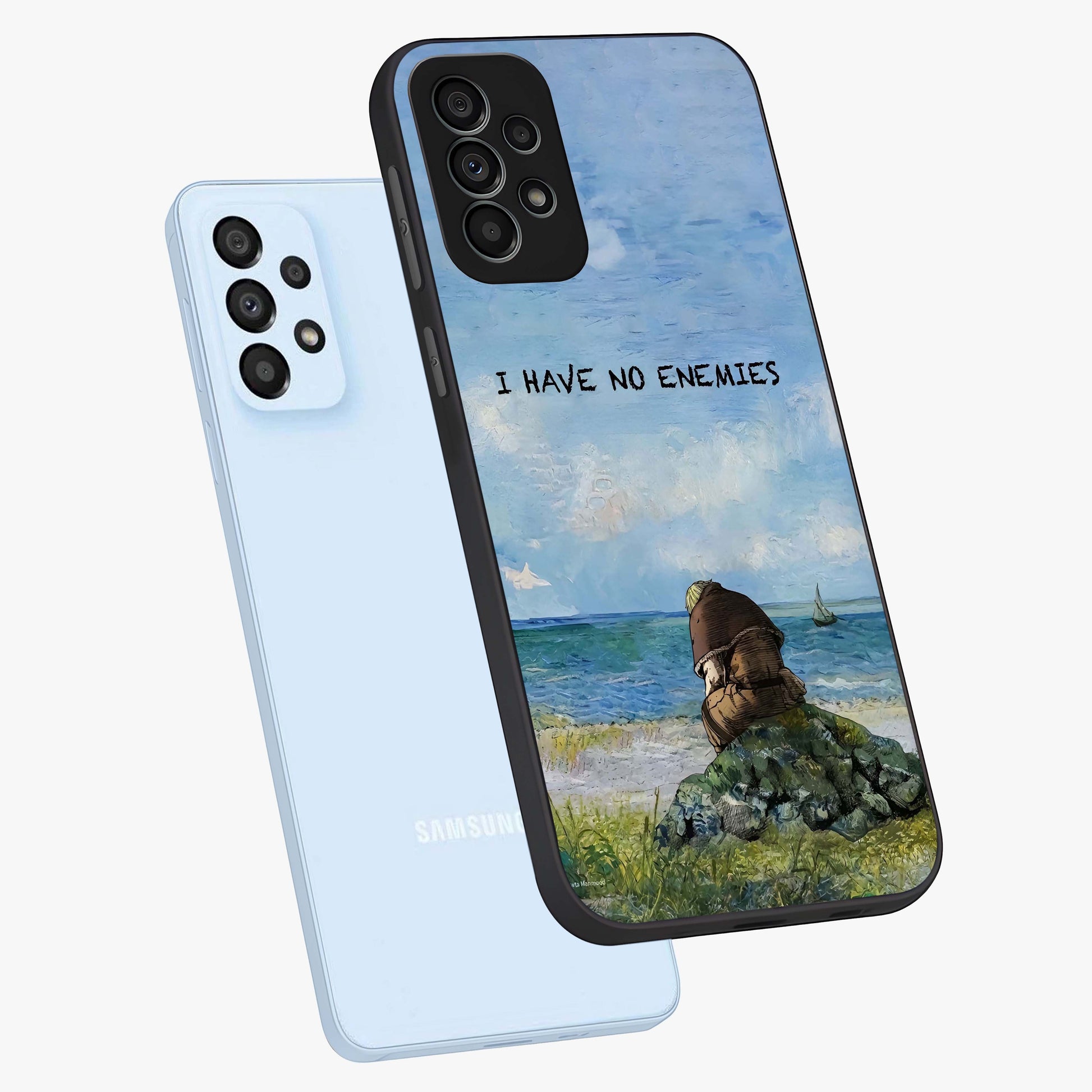 Peace Beyond War Glass Case displayed in angled mockup highlighting meaningful message design with artistic aesthetic style.
