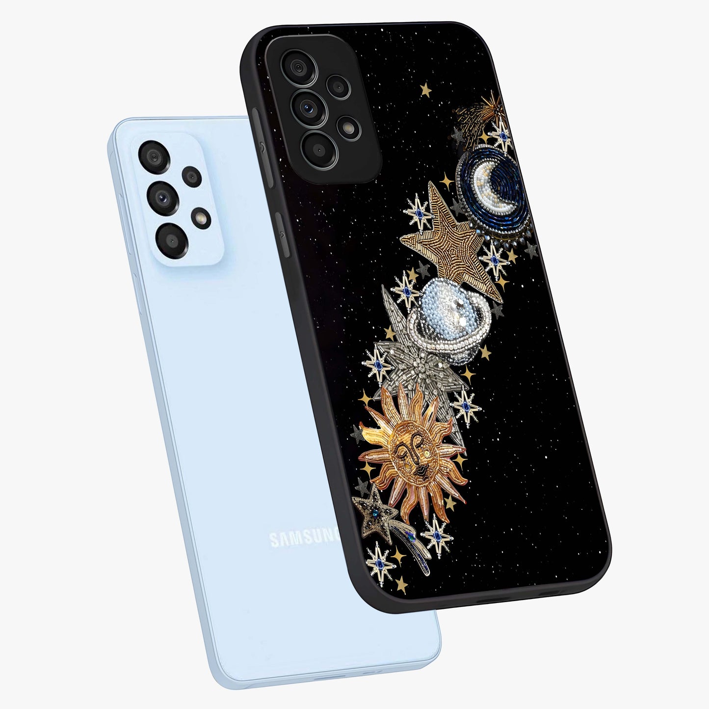 Pearls Universe Object Glass Case displayed in angled mockup highlighting celestial pearl design with dreamy aesthetic.