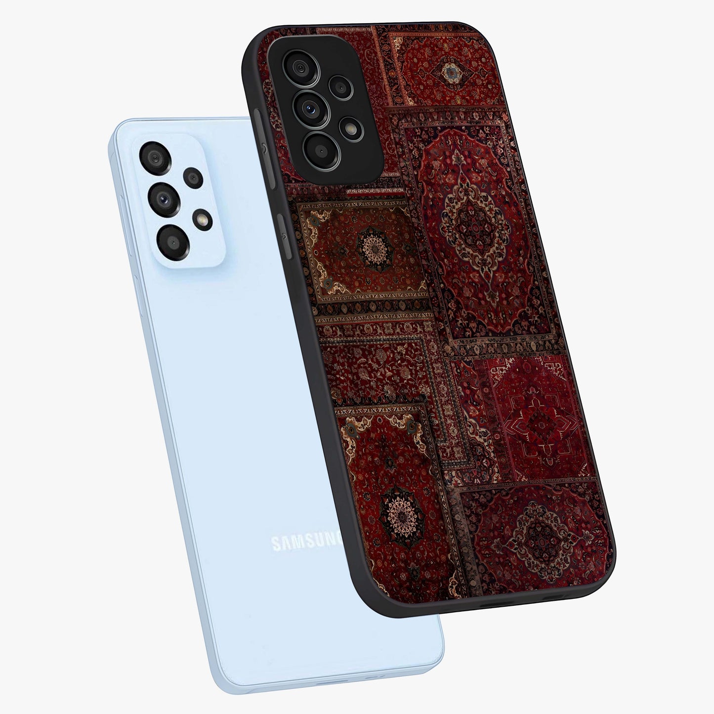 Persian Velvet Tale Glass Case displayed in angled mockup highlighting ornate textile inspired design with royal aesthetic.