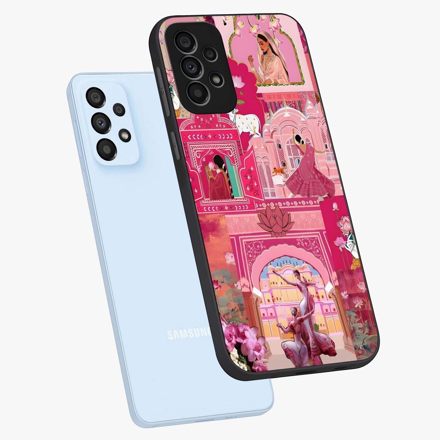 Pink Palace Muse Glass Case displayed in angled mockup highlighting dreamy palace illustration with soft pink aesthetic.