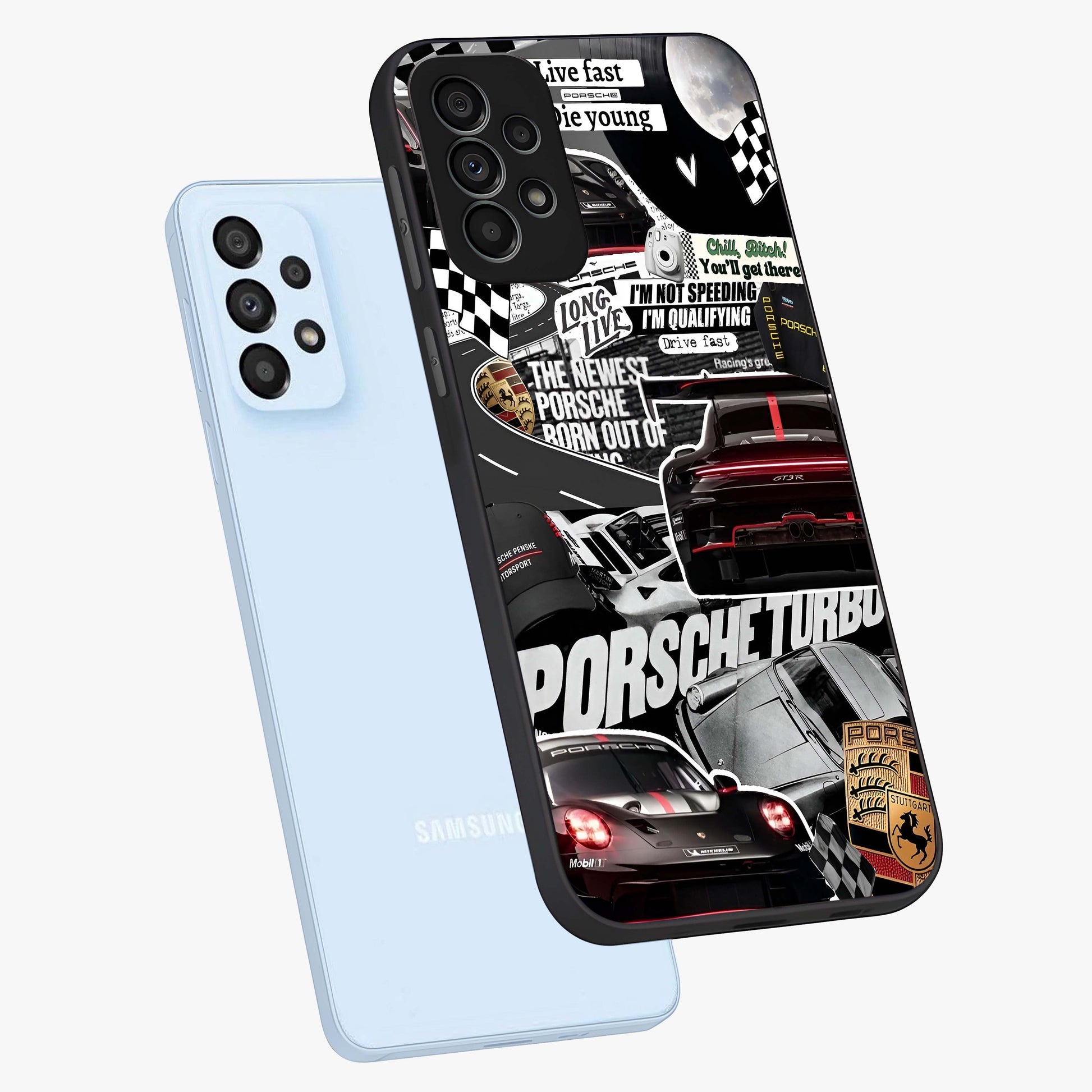Porsche Racing Collage Glass Case displayed in angled mockup highlighting dynamic automotive design with bold racing aesthetic.