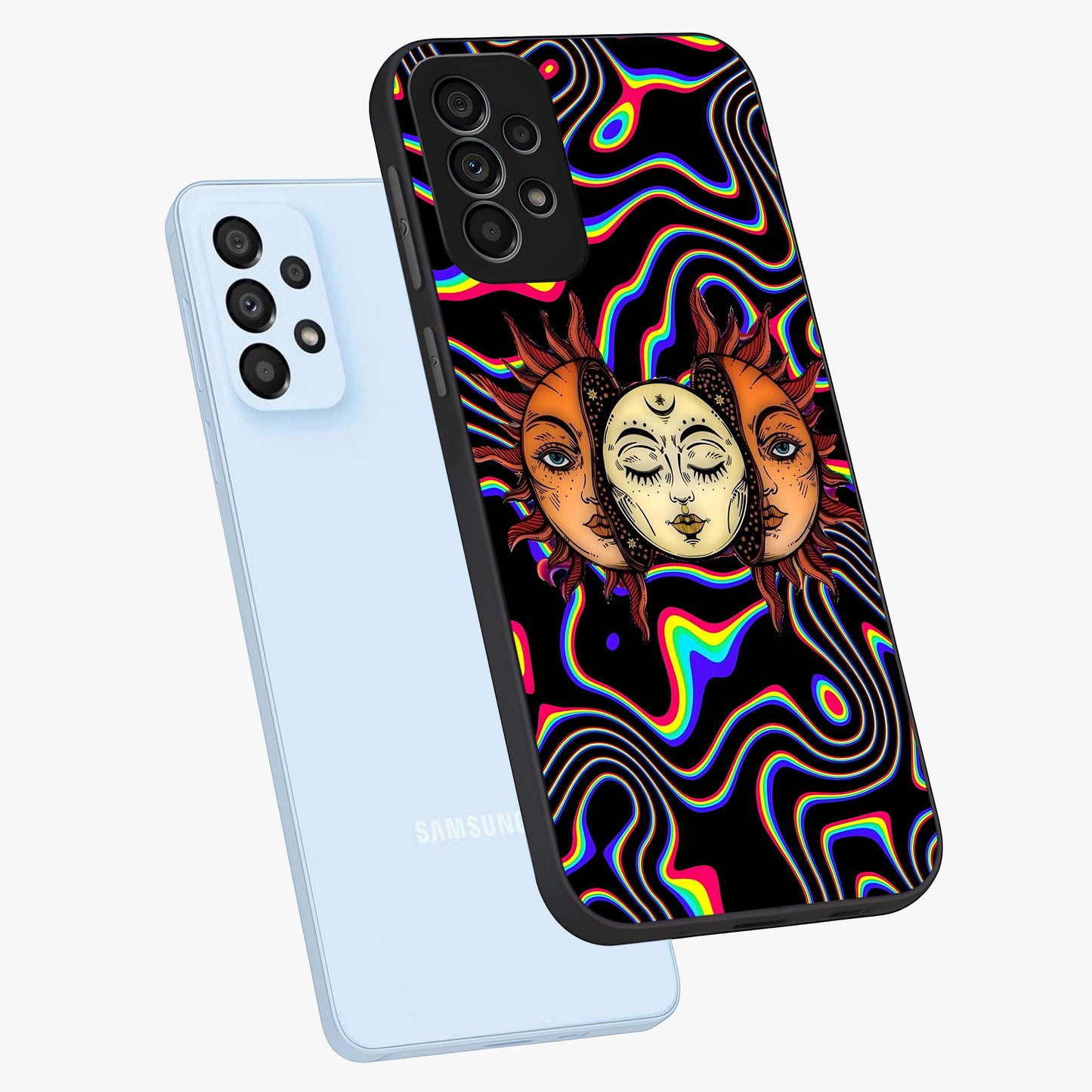 Psychedelic Sun Glass Case displayed in angled mockup highlighting vibrant abstract sun design with artistic aesthetic style.