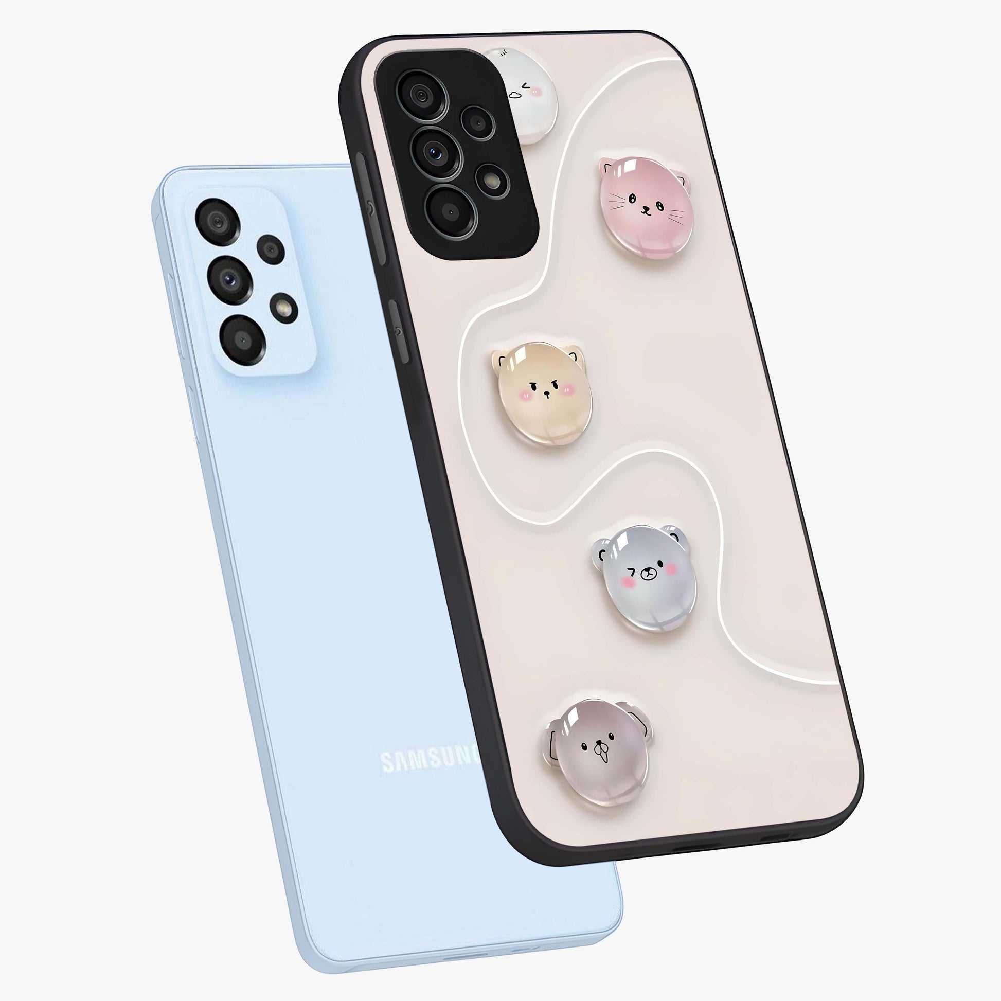 Puffy Face Parade Glass Case displayed in angled mockup highlighting playful cartoon face design with fun aesthetic.