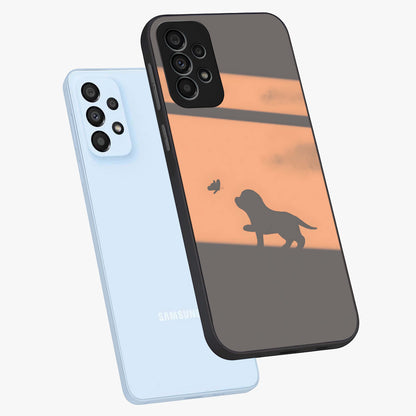 Puppy Shadow Art Glass Case displayed in angled mockup highlighting playful dog illustration with artistic shadow aesthetic.