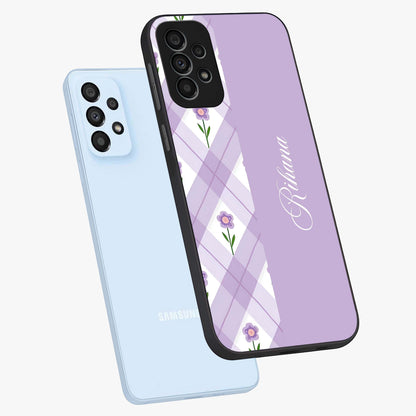 Purple Diamond Floral Glass Case displayed in angled mockup highlighting elegant purple flower design with decorative pattern.