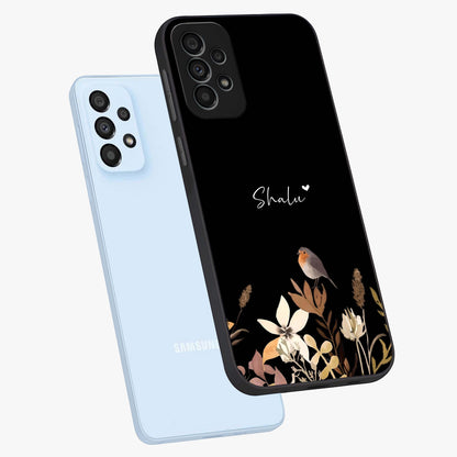 Quiet Garden Tune Custom Name Glass Case displayed in angled mockup highlighting delicate floral garden design with custom name feature.