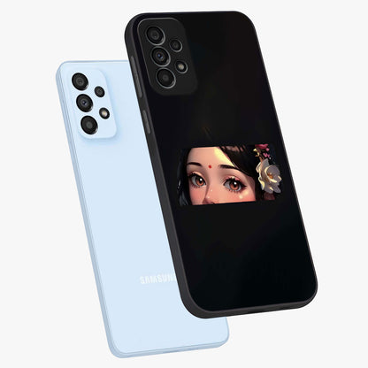Radha Divine Embrace Glass Case displayed in angled mockup highlighting graceful spiritual illustration with divine aesthetic.