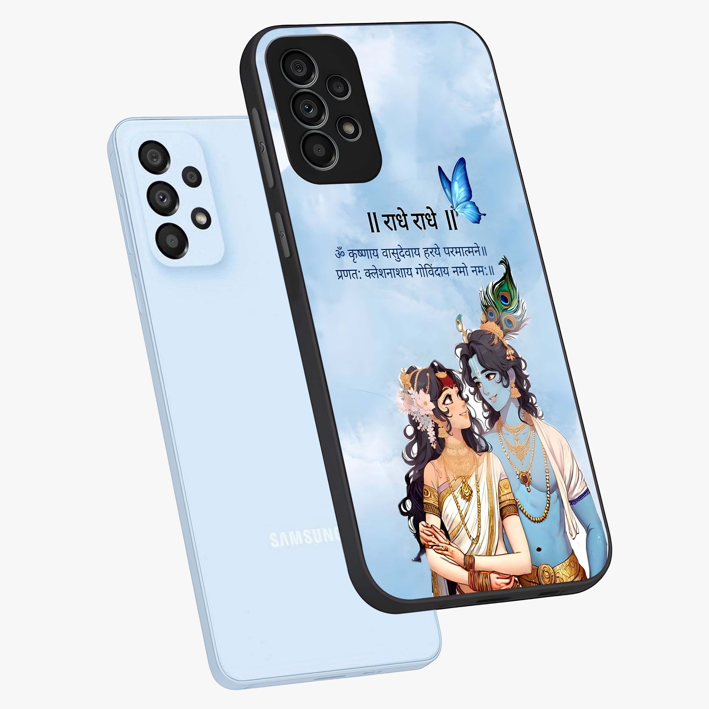 Radha Krishna Eternal Glass Case displayed in angled mockup highlighting divine Radha Krishna illustration with spiritual aesthetic.