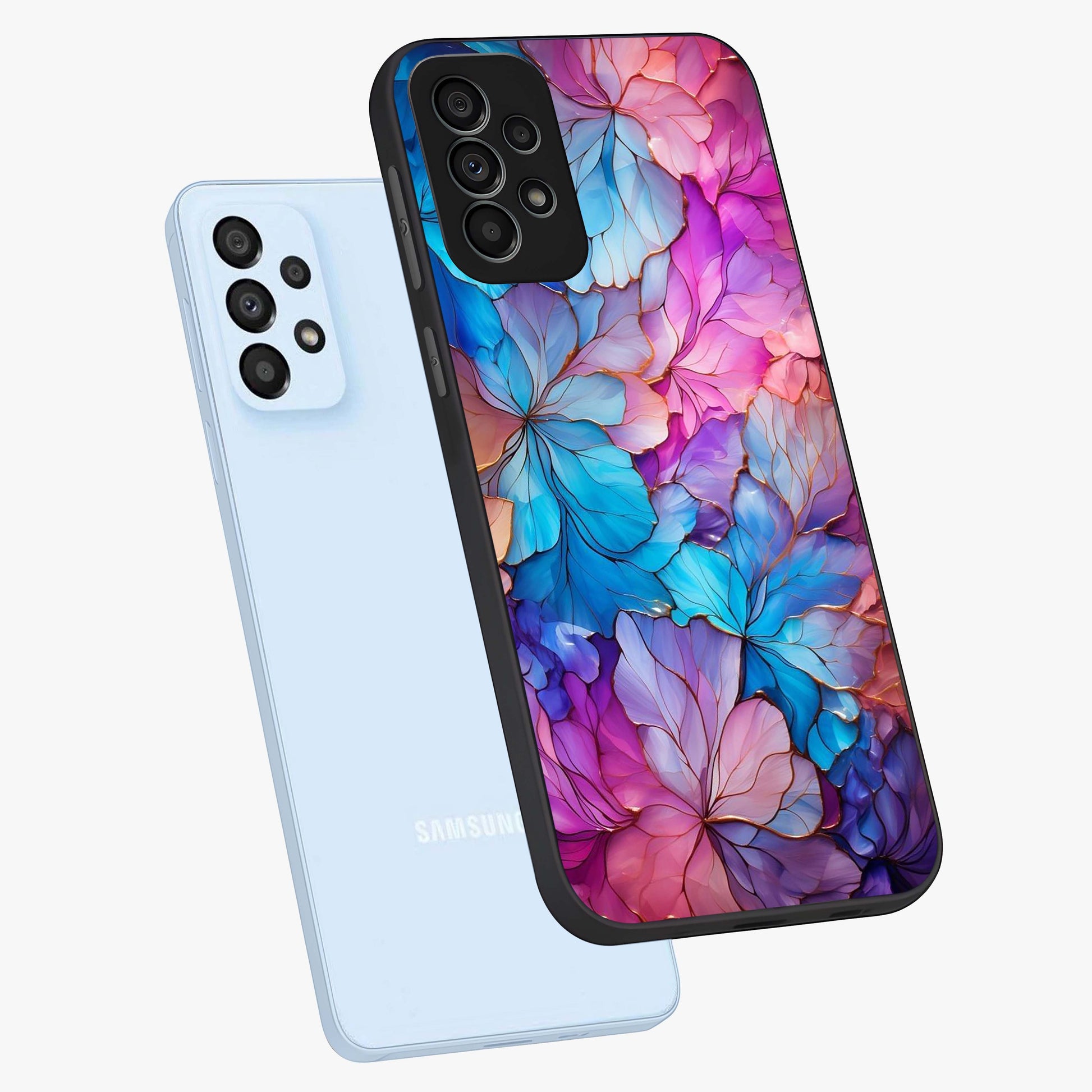 Radiant Floral Whirl Glass Case displayed in angled mockup highlighting vibrant flower pattern with dynamic artistic aesthetic.