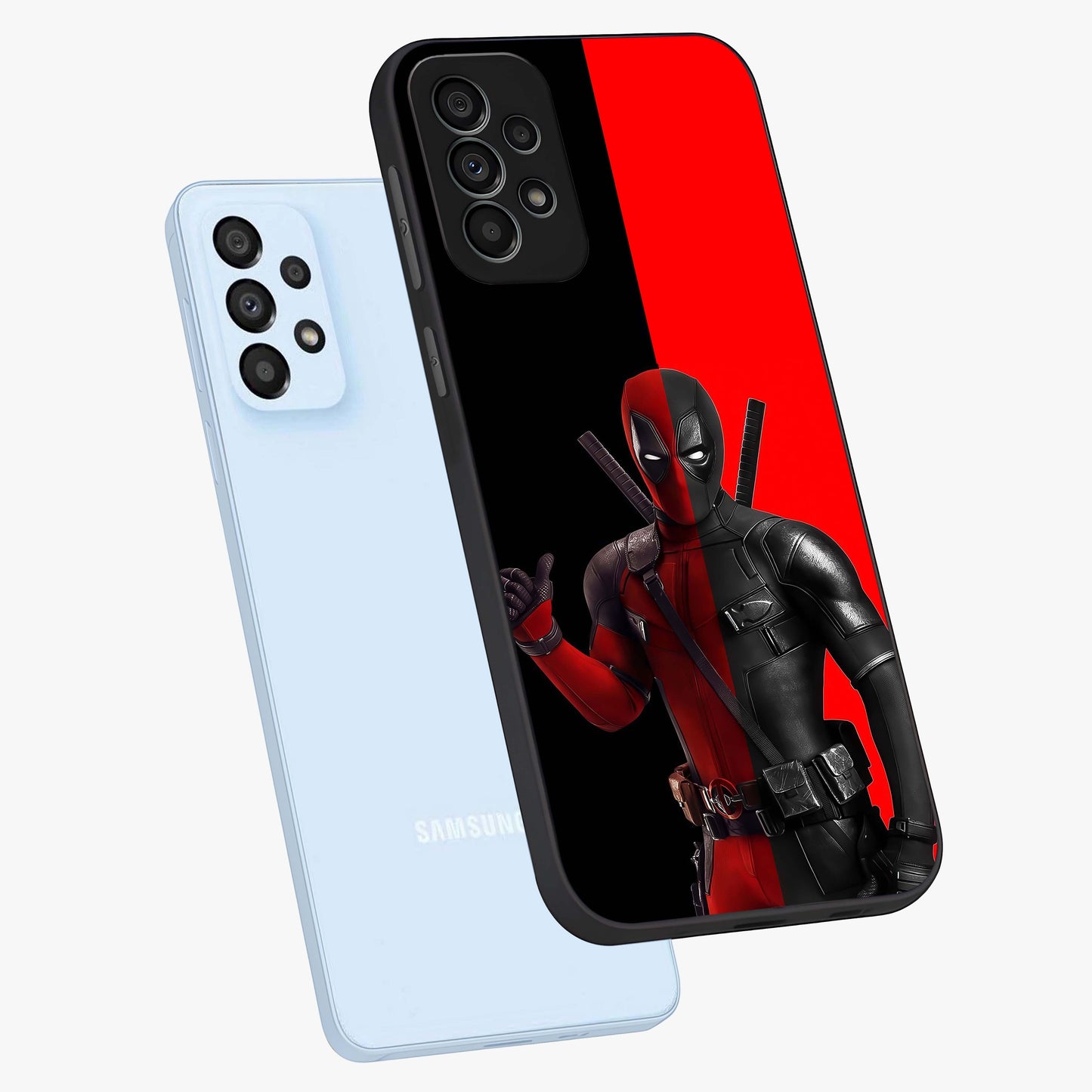 Red & Black Deadpool Theme Glass Case displayed in angled mockup highlighting vibrant superhero style illustration with action aesthetic.