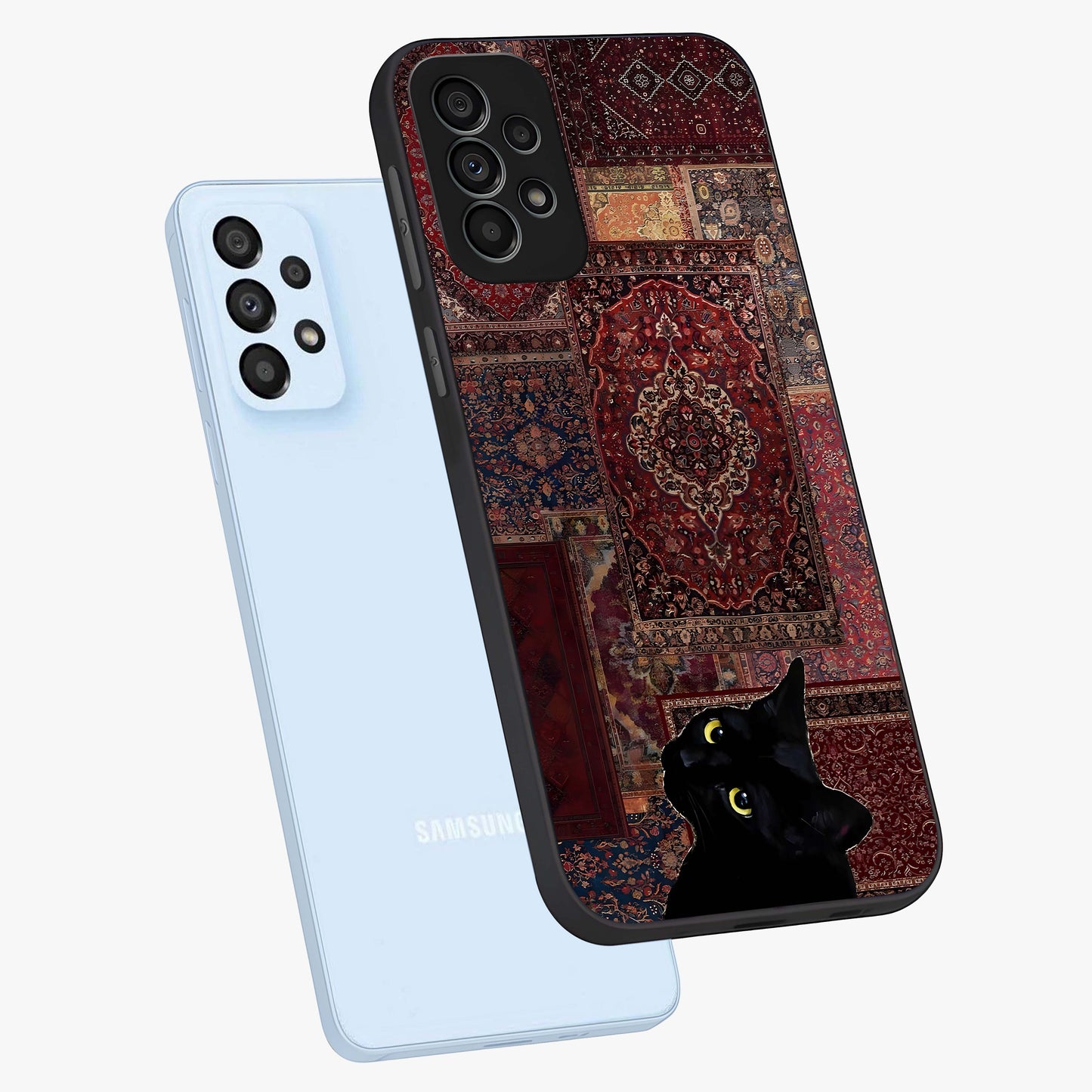Regal Magic Cat Apple Glass Case displayed in angled mockup highlighting whimsical feline design with fantasy aesthetic.