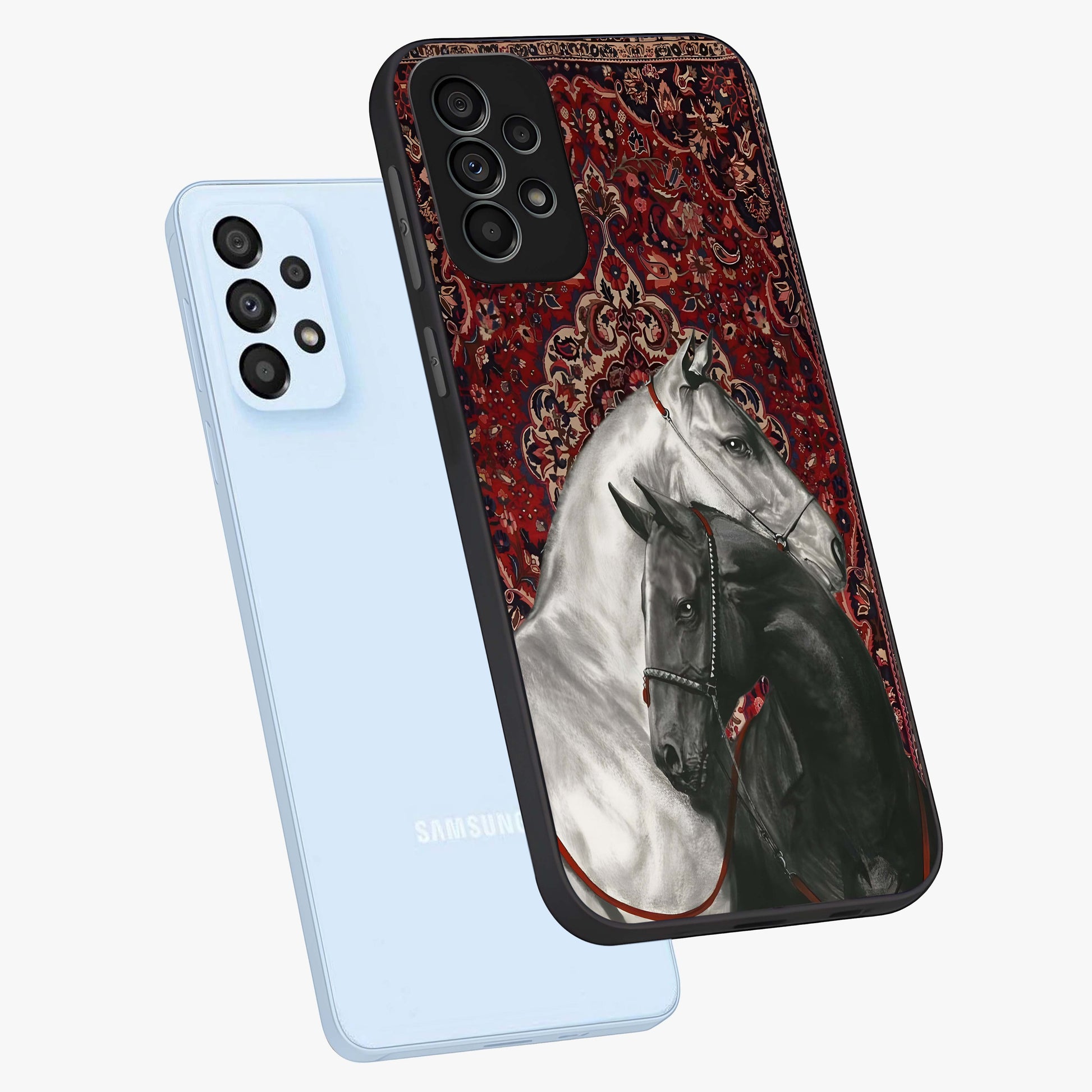 Regal Stallion Tapestry Glass Case displayed in angled mockup highlighting royal stallion design with decorative heritage aesthetic.