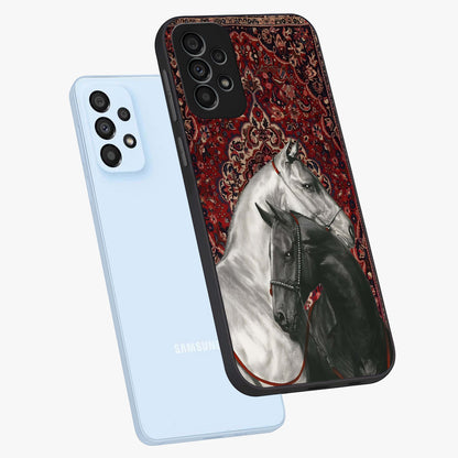 Regal Stallion Tapestry Glass Case displayed in angled mockup highlighting royal stallion design with decorative heritage aesthetic.