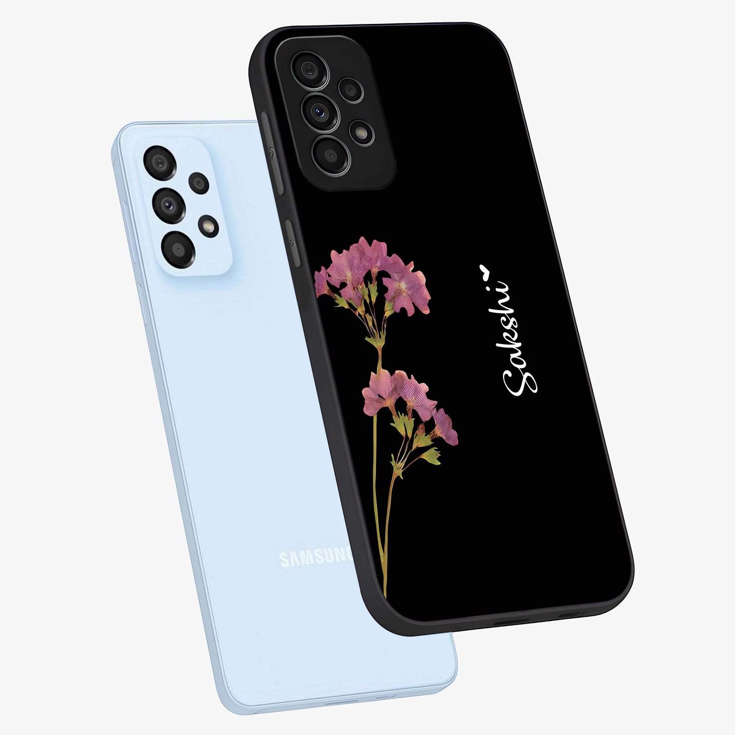 Riching Lavender Flower Custom Name Glass Case displayed in angled mockup highlighting delicate lavender flower design with custom name feature.