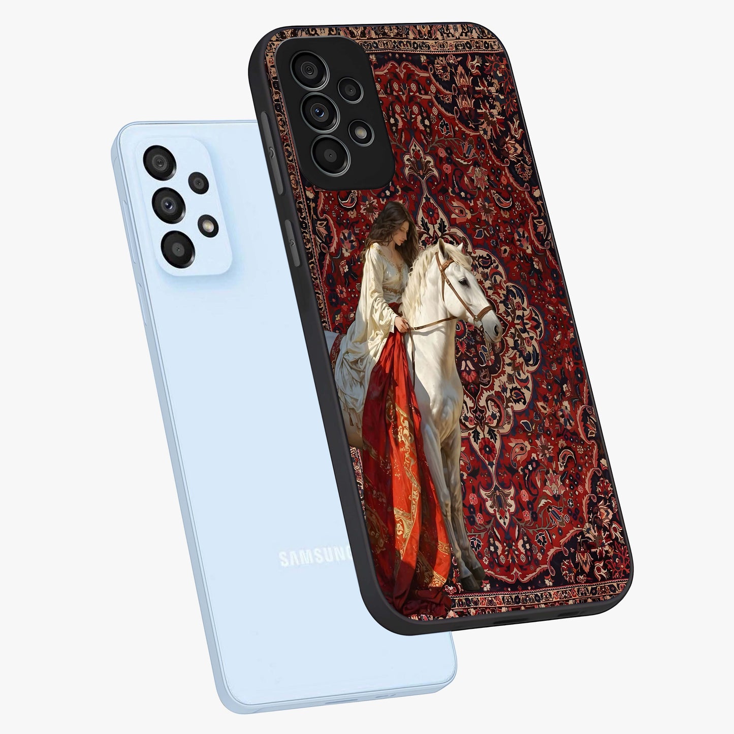 Royal Rider Tapestry Glass Case displayed in angled mockup highlighting traditional tapestry design with royal heritage aesthetic.