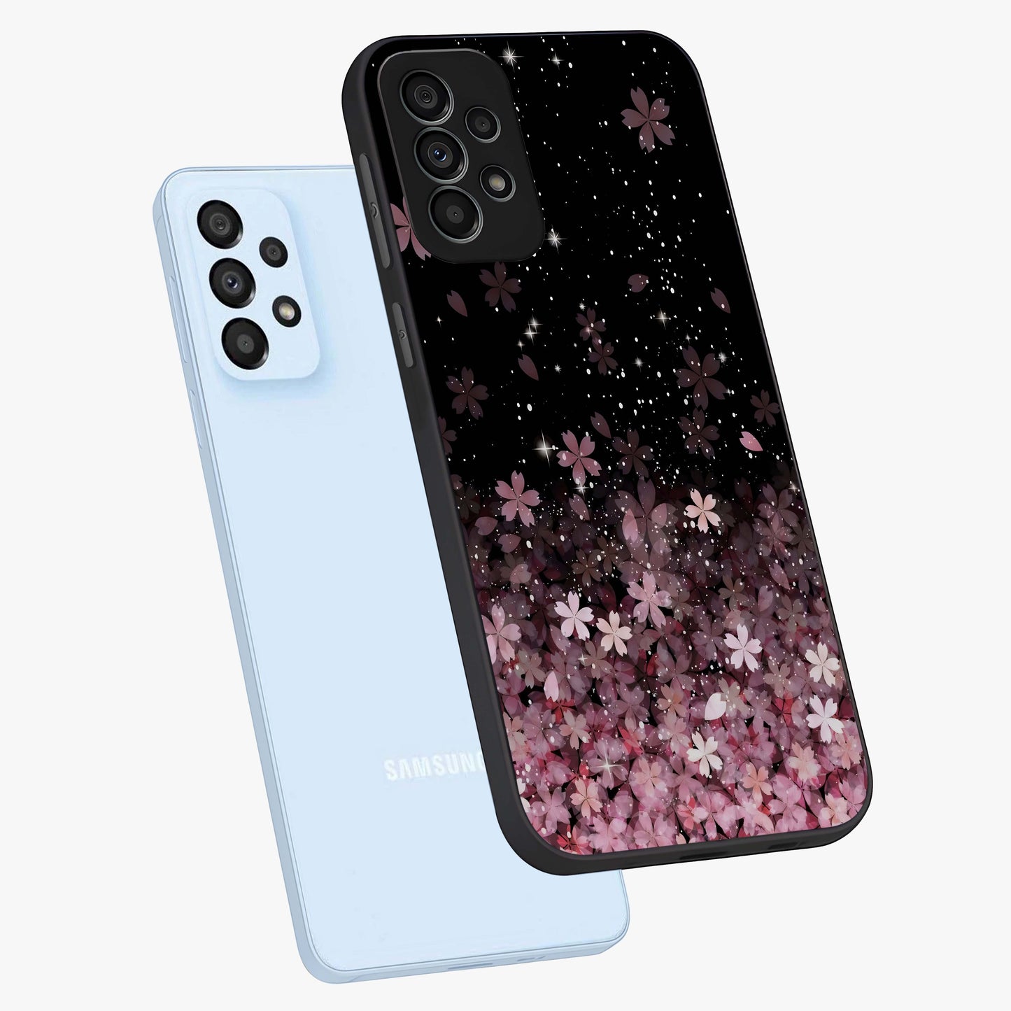 Small Starry Flowers Glass Case displayed in angled mockup highlighting tiny flower pattern with celestial aesthetic style.