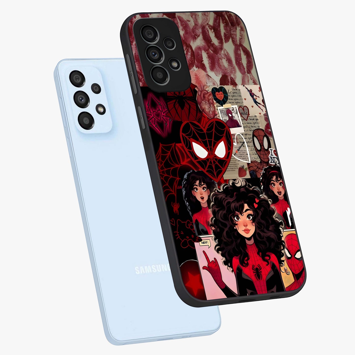 Spider Love Story Glass Case displayed in angled mockup highlighting expressive comic inspired design with playful aesthetic.