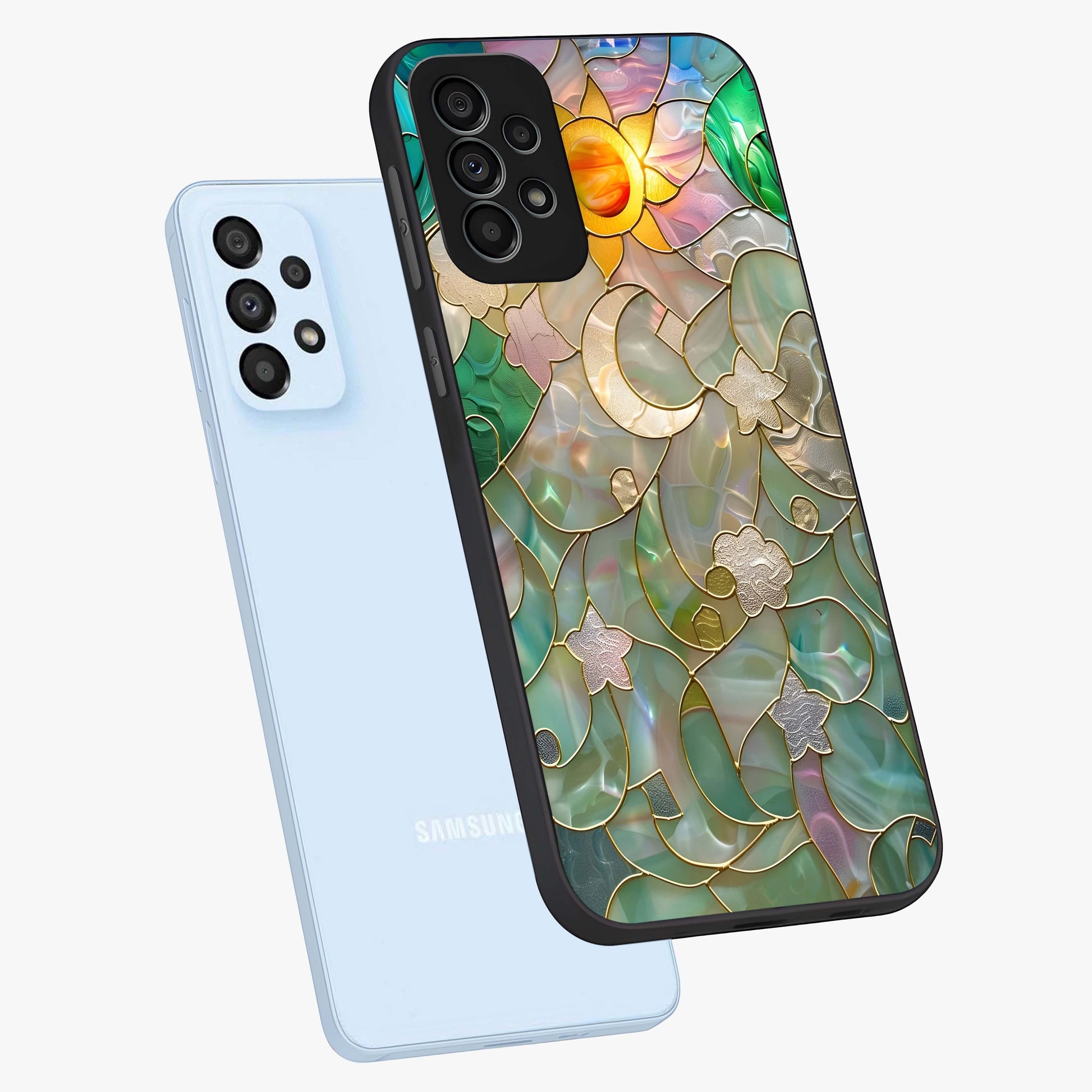 Stained Sunrise Glow Glass Case displayed in angled mockup highlighting radiant sunrise design with artistic aesthetic style.