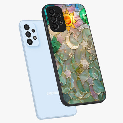 Stained Sunrise Glow Glass Case displayed in angled mockup highlighting radiant sunrise design with artistic aesthetic style.