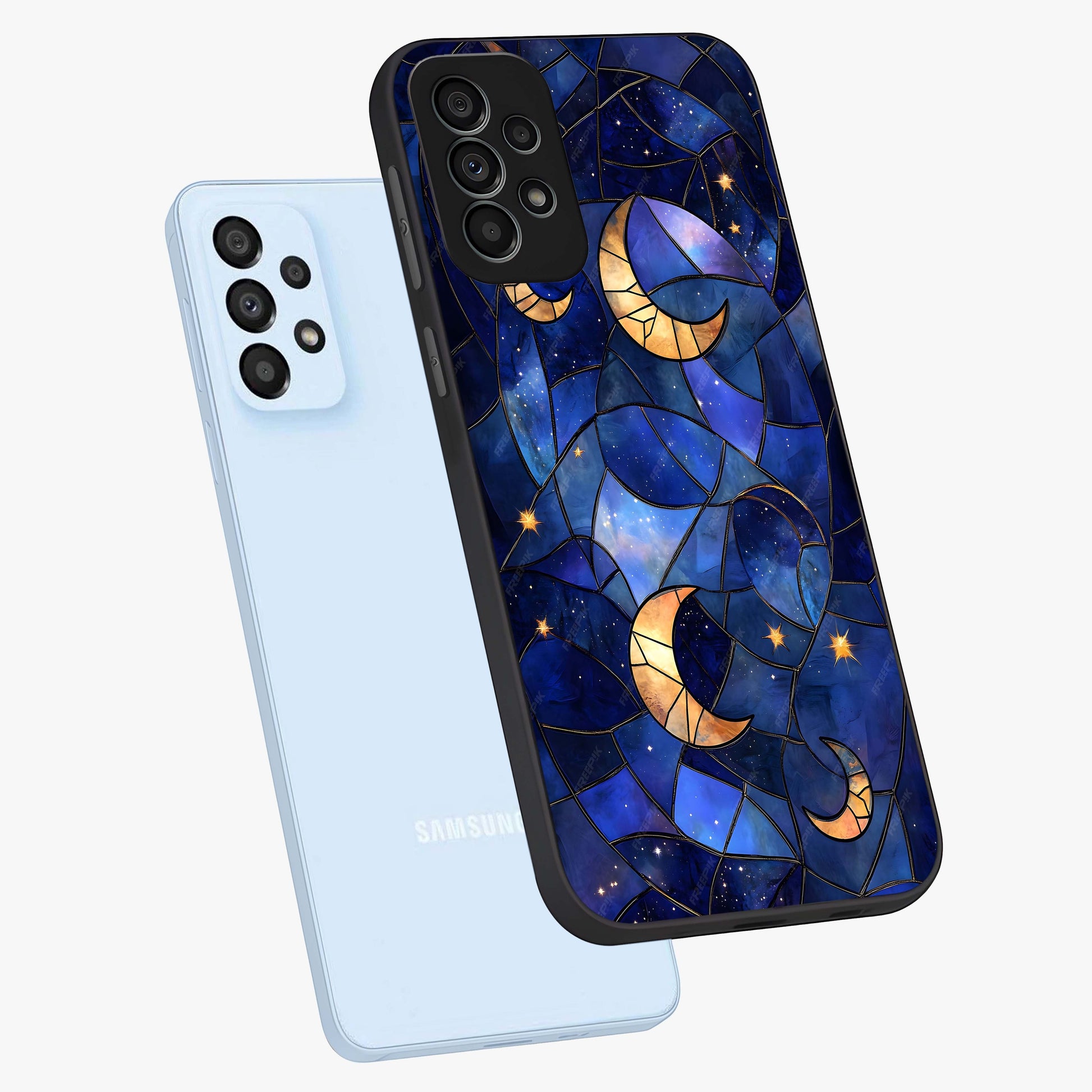 Starlit Sky Tapestry Glass Case displayed in angled mockup highlighting celestial night pattern with artistic aesthetic style.