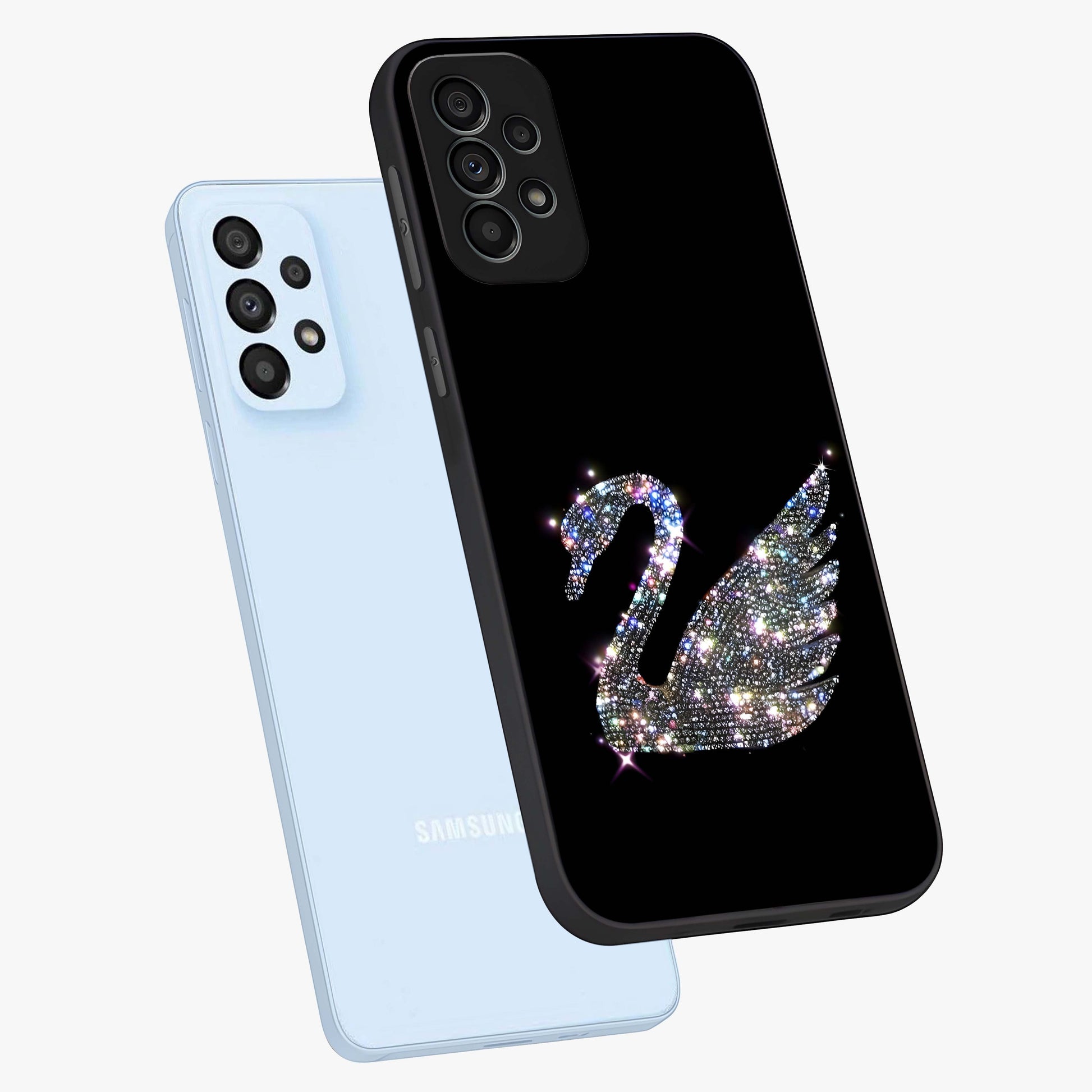 Starlit Swan Grace Glass Case displayed in angled mockup highlighting elegant swan illustration with dreamy celestial aesthetic.
