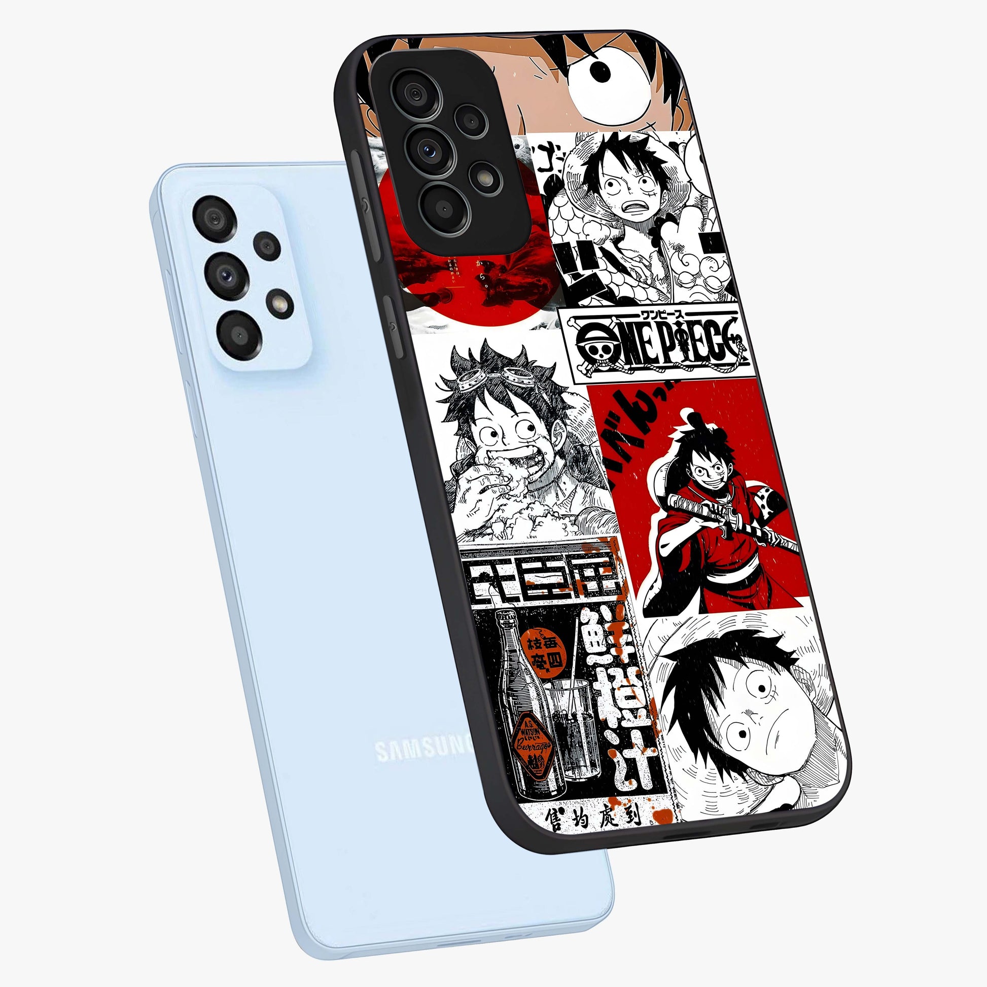 Strawhat Chaos Panels Glass Case displayed in angled mockup highlighting vibrant anime collage design with action aesthetic.