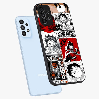 Strawhat Chaos Panels Glass Case displayed in angled mockup highlighting vibrant anime collage design with action aesthetic.