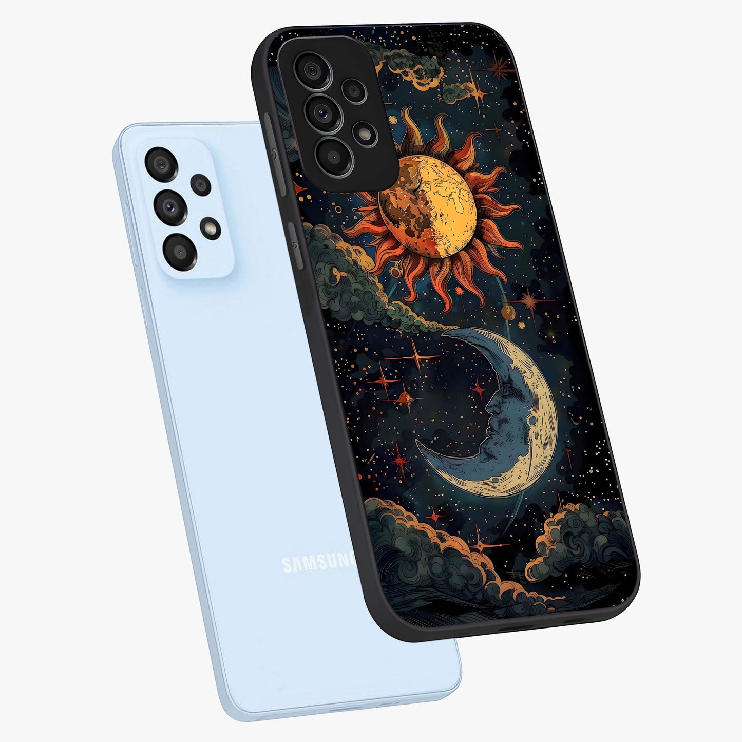 Sun And Moon Magic Design Glass Case displayed in angled mockup highlighting celestial design with magical cosmic aesthetic.