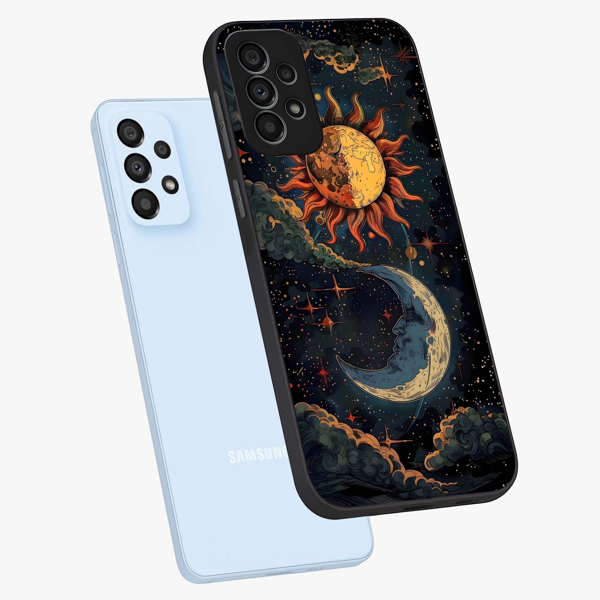 Sun And Moon Magic Design Glass Case displayed in angled mockup highlighting celestial design with magical cosmic aesthetic.