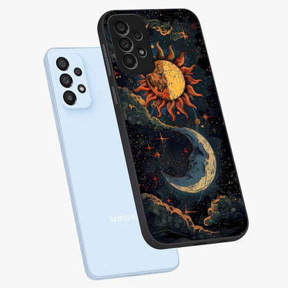 Sun And Moon Magic Design Glass Case displayed in angled mockup highlighting celestial design with magical cosmic aesthetic.
