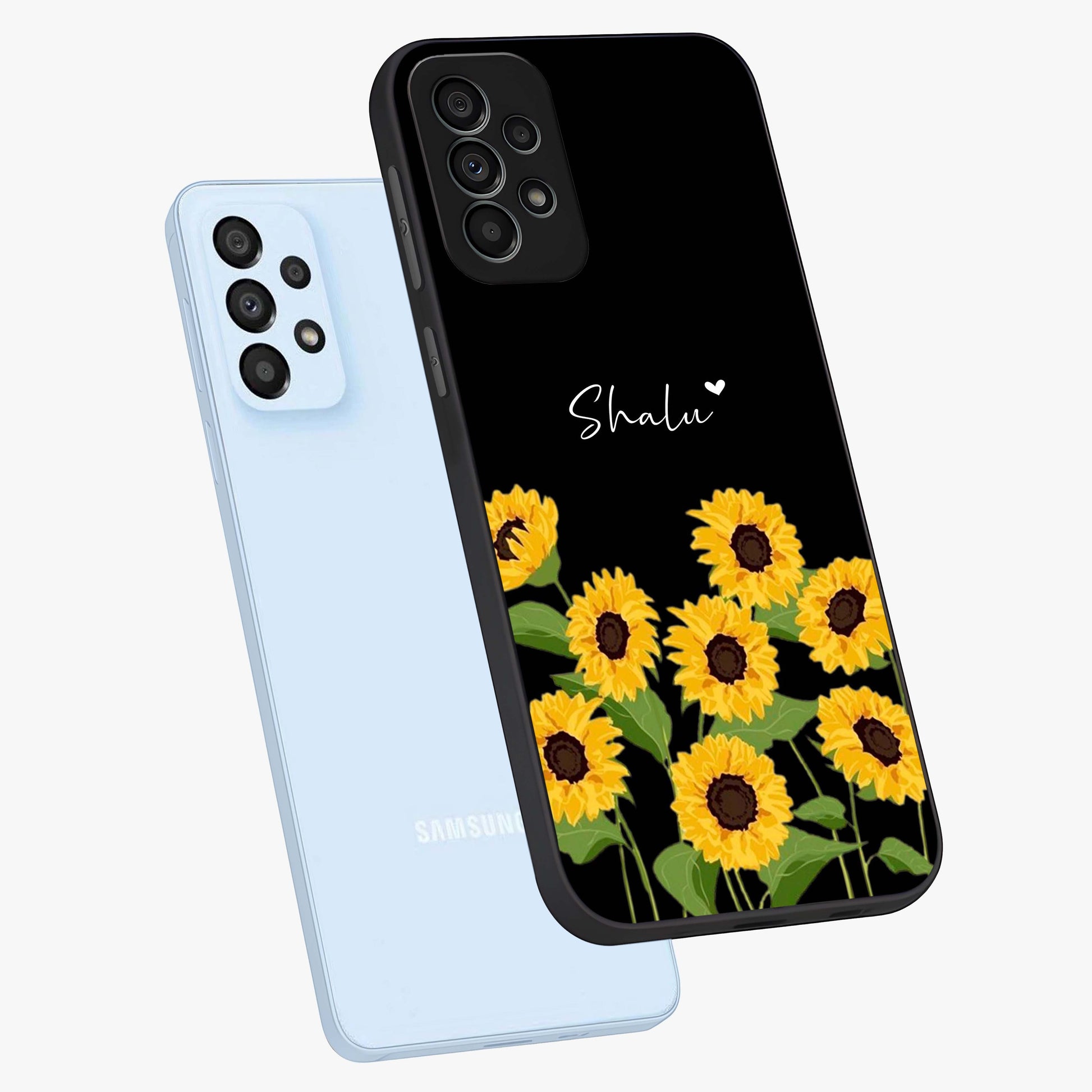 Sunflower Chic Mood Custom Name Glass Case displayed in angled mockup highlighting vibrant sunflower design with custom name feature.