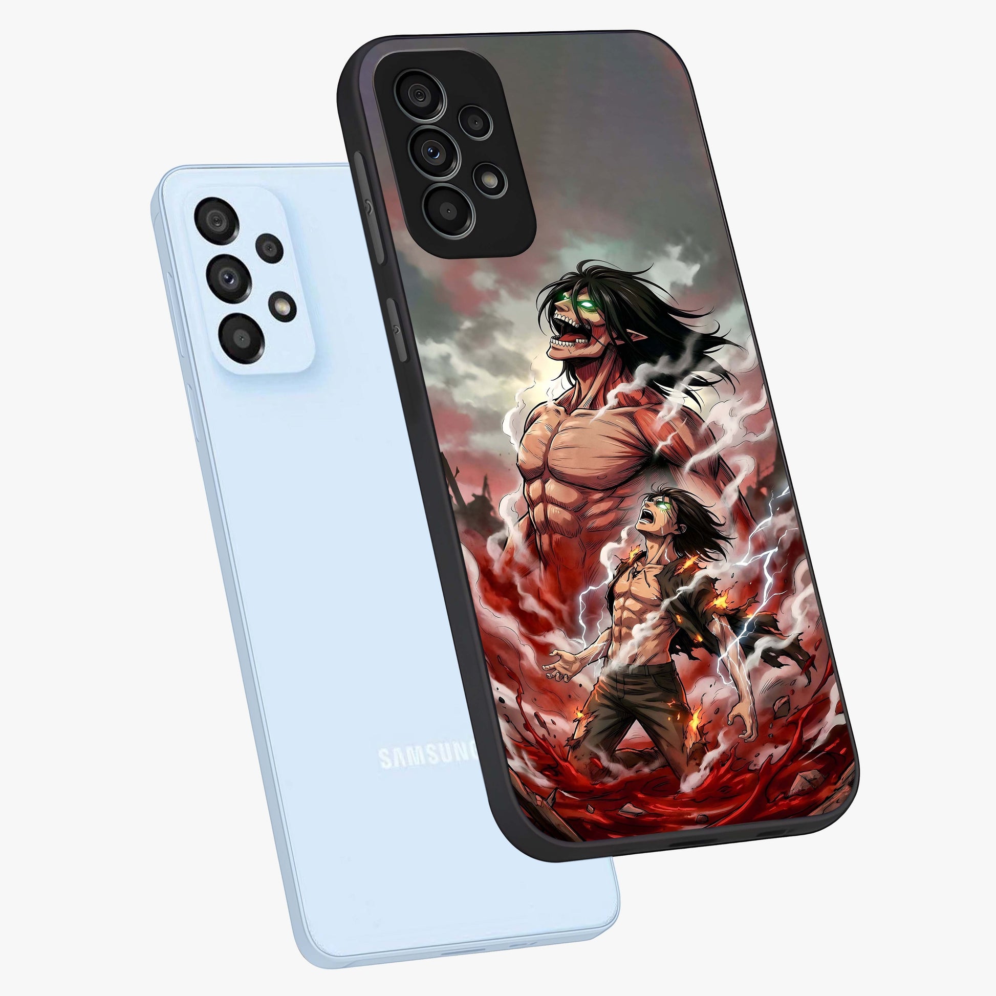 Titan Awakening Fury Glass Case displayed in angled mockup highlighting dramatic giant warrior design with bold anime aesthetic.