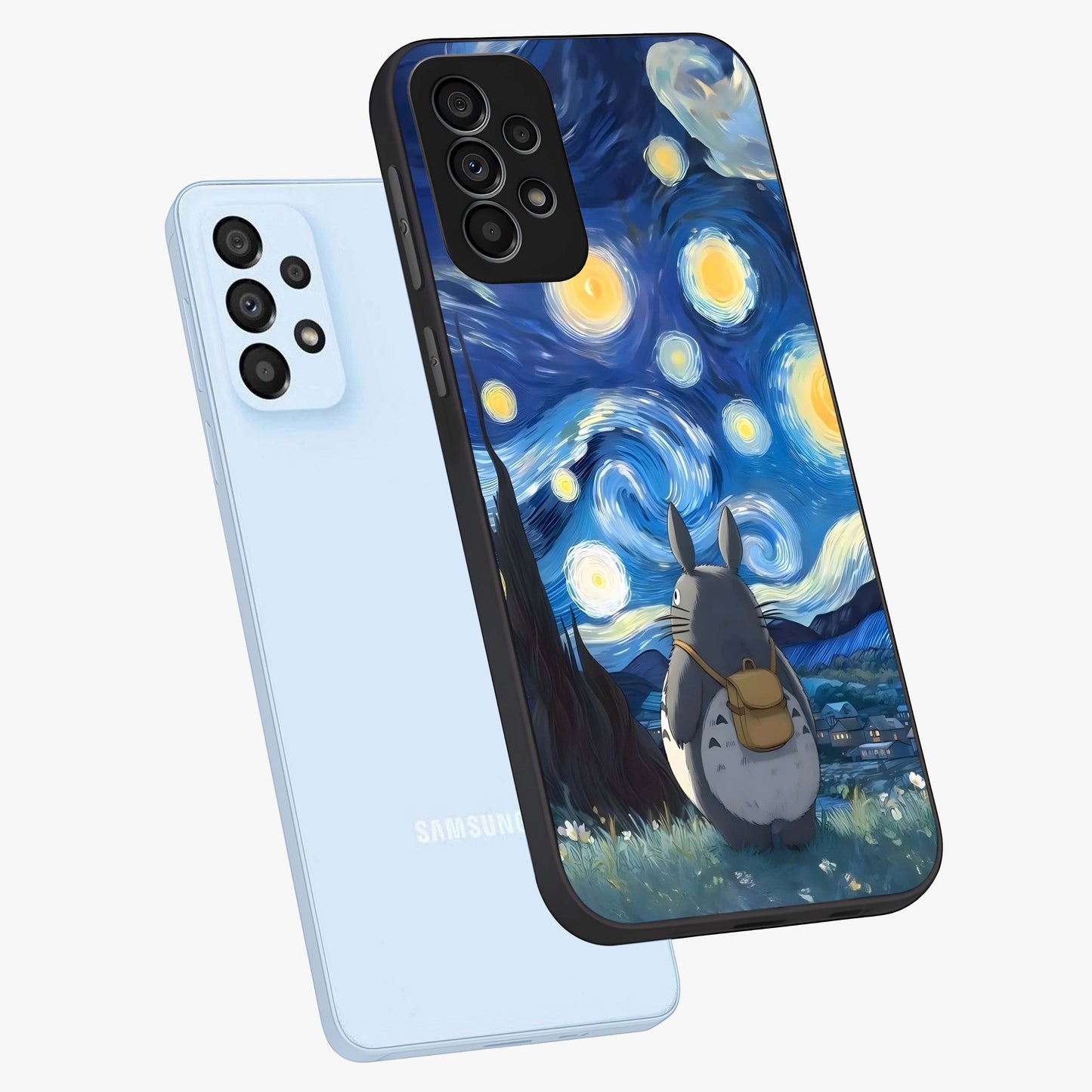Totoro In Van Gogh Art Glass Case displayed in angled mockup highlighting artistic swirling sky design with playful animation aesthetic.