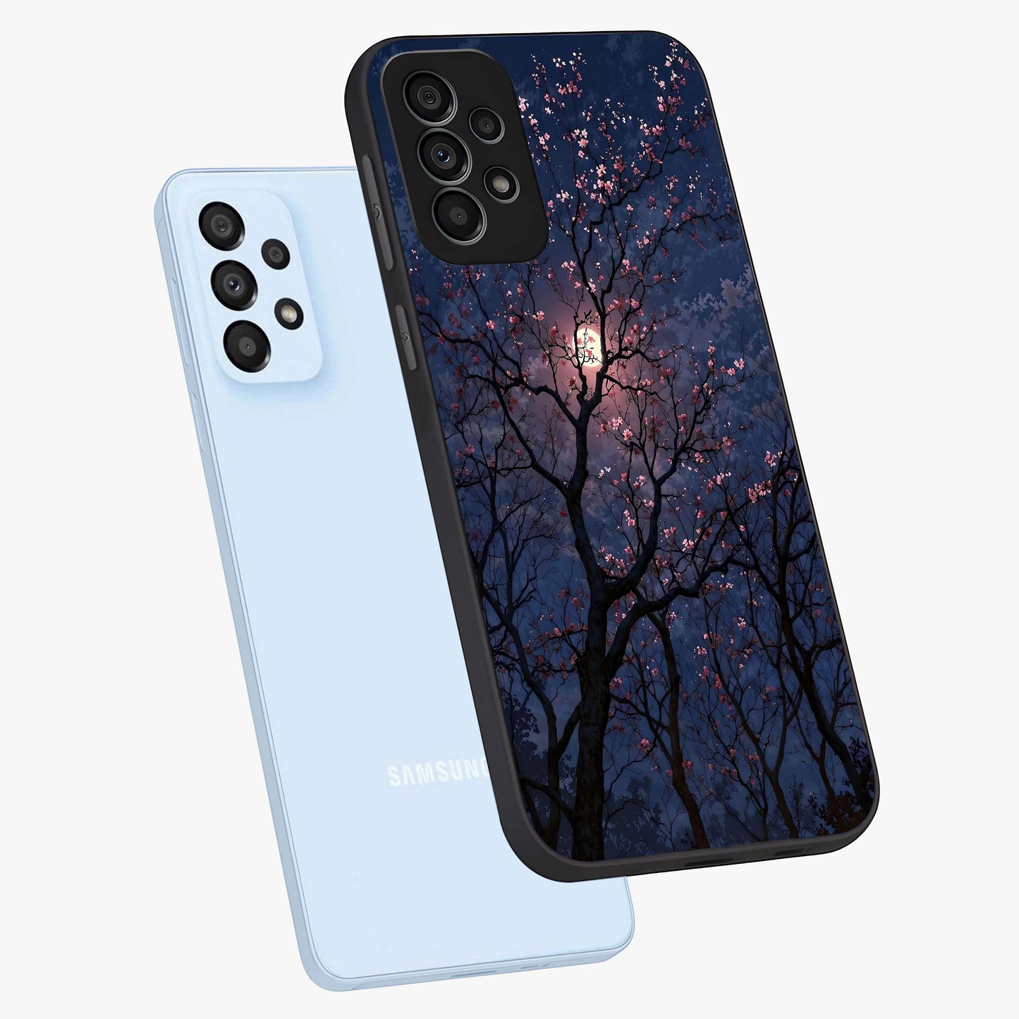 Twilight Sakura Serenade Glass Case displayed in angled mockup highlighting delicate sakura flower design with dreamy aesthetic.