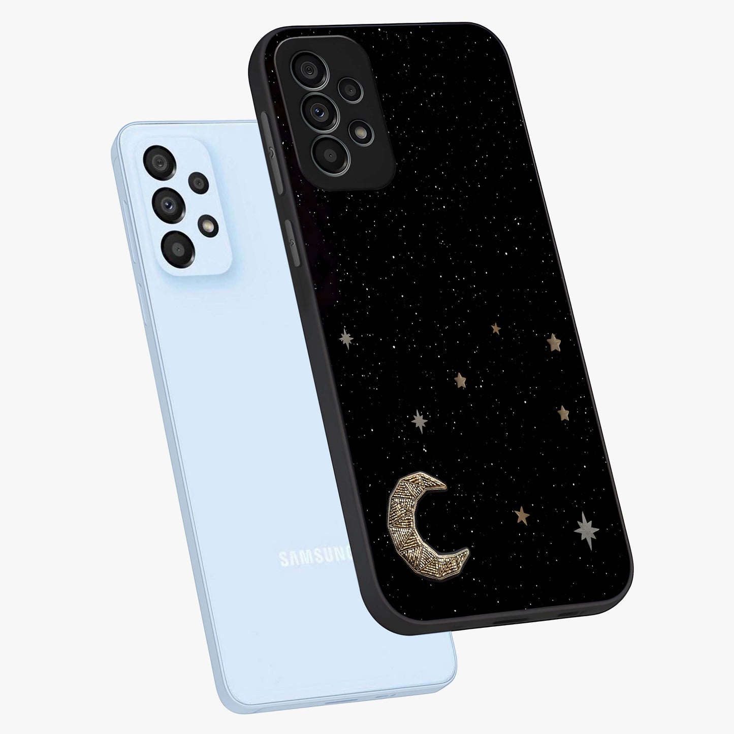 Twinkle Star With Half Moon Glass Case displayed in angled mockup highlighting celestial moon and star design with magical aesthetic.