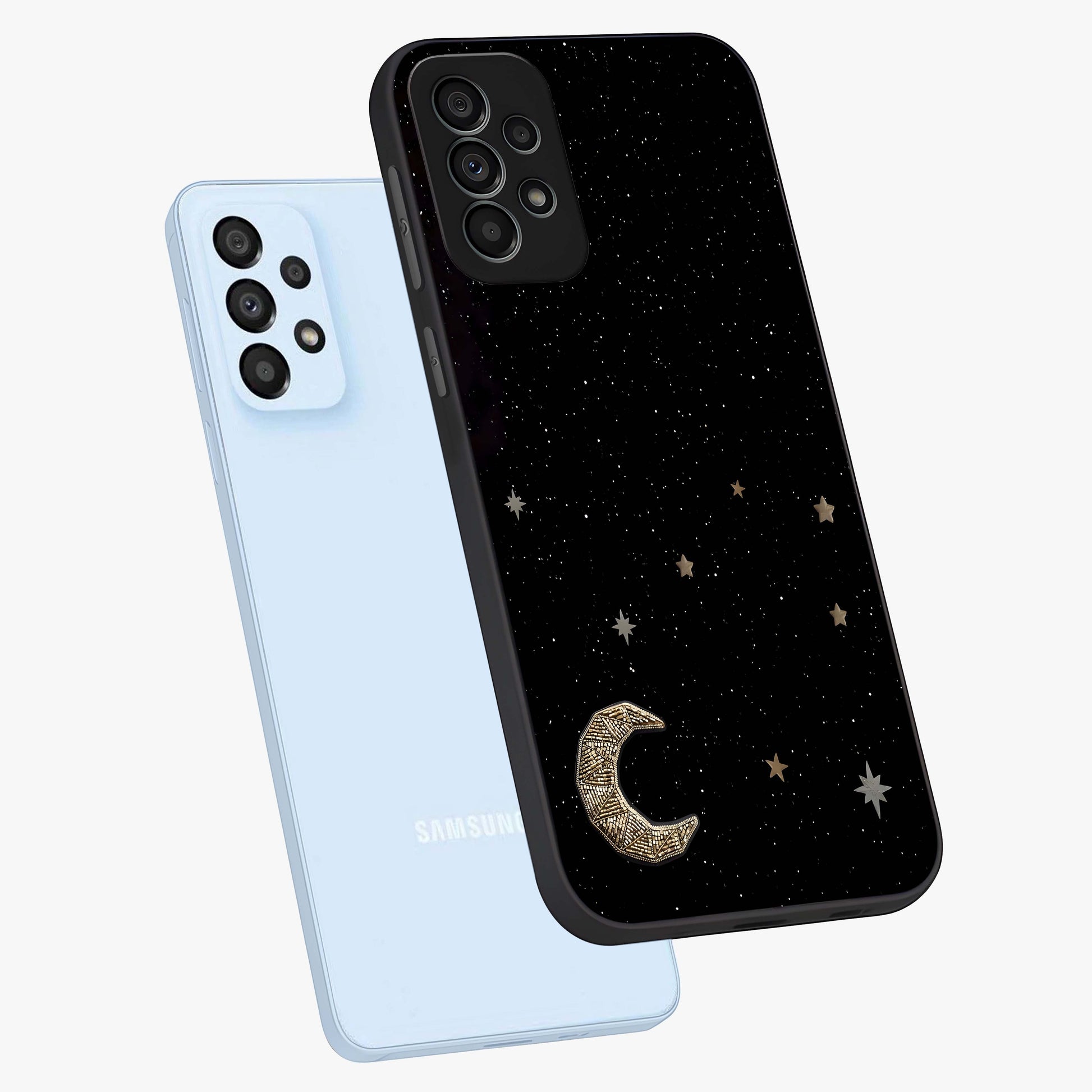 Twinkle Star With Half Moon Glass Case displayed in angled mockup highlighting celestial moon and star design with magical aesthetic.