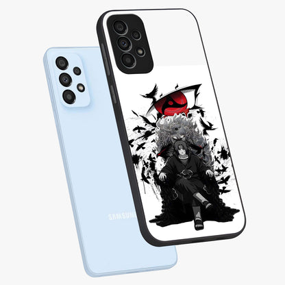 Uchiha Shadow Throne Glass Case displayed in angled mockup highlighting glowing aquatic design with celestial aesthetic.