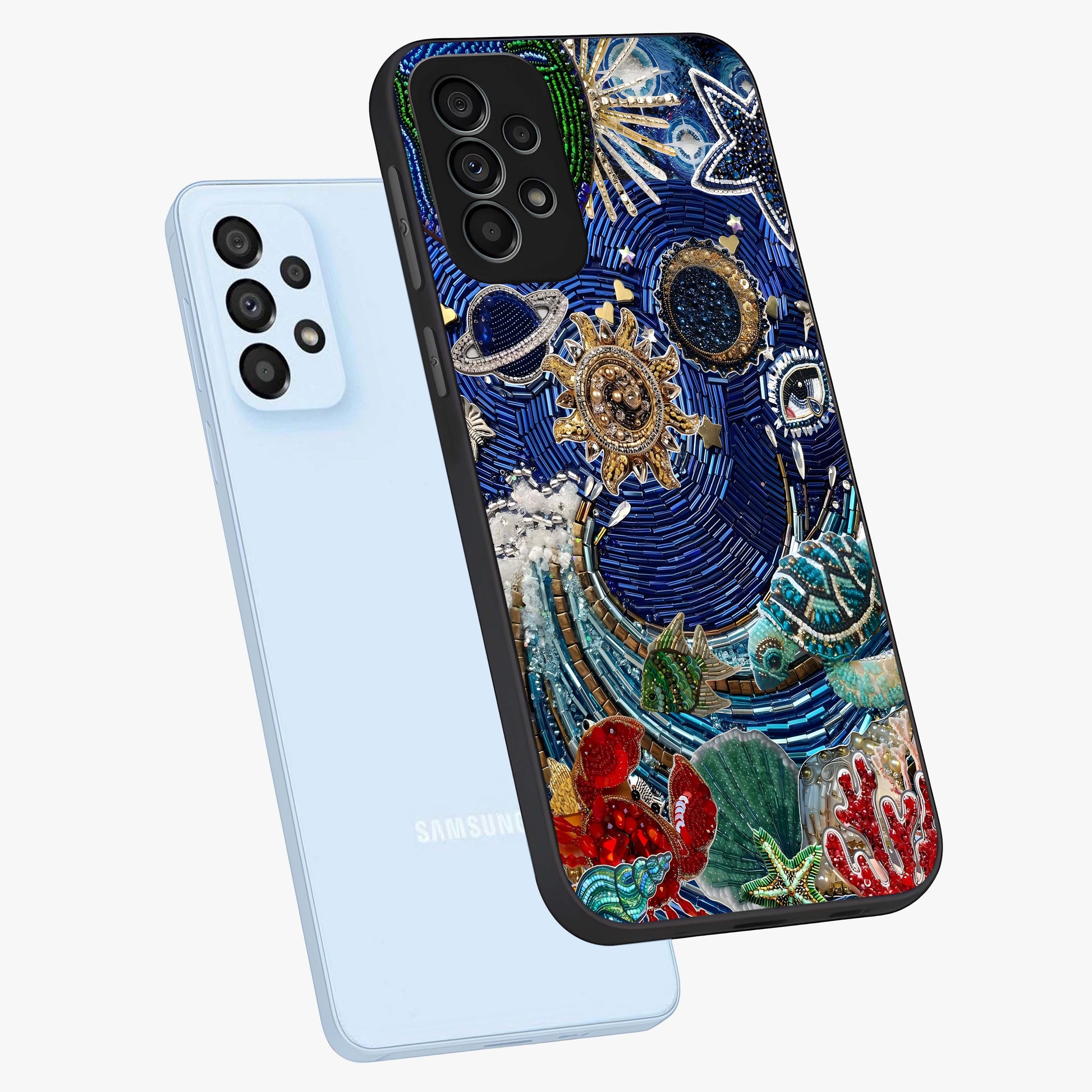 Universe Underwater Spark Glass Case displayed in angled mockup highlighting glowing aquatic design with celestial aesthetic.