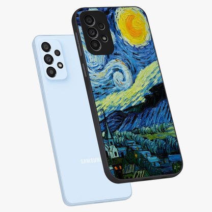Van Gogh Art Glass Case displayed in angled mockup highlighting swirling brushstroke design with artistic aesthetic.