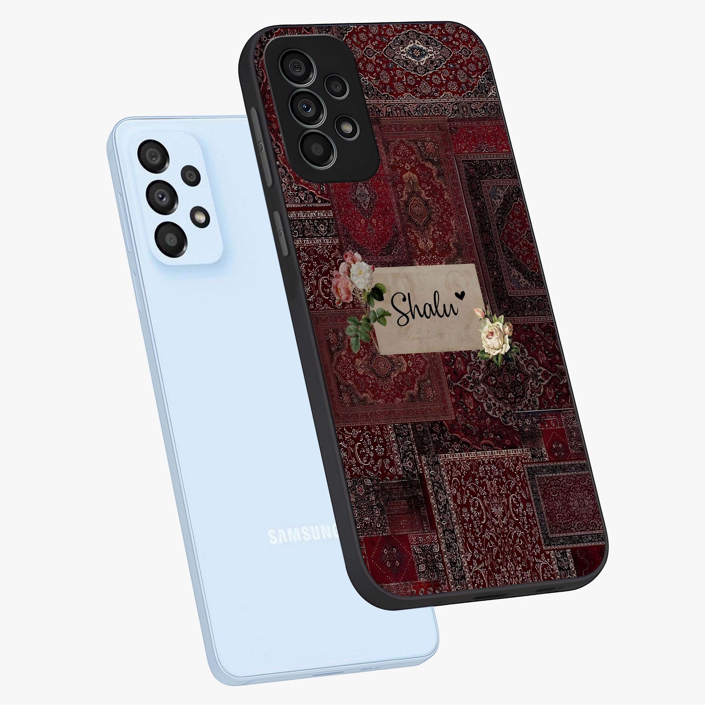 Velvet Wine Pattern Custom Name Glass Case displayed in angled mockup highlighting decorative velvet inspired design with custom name feature.