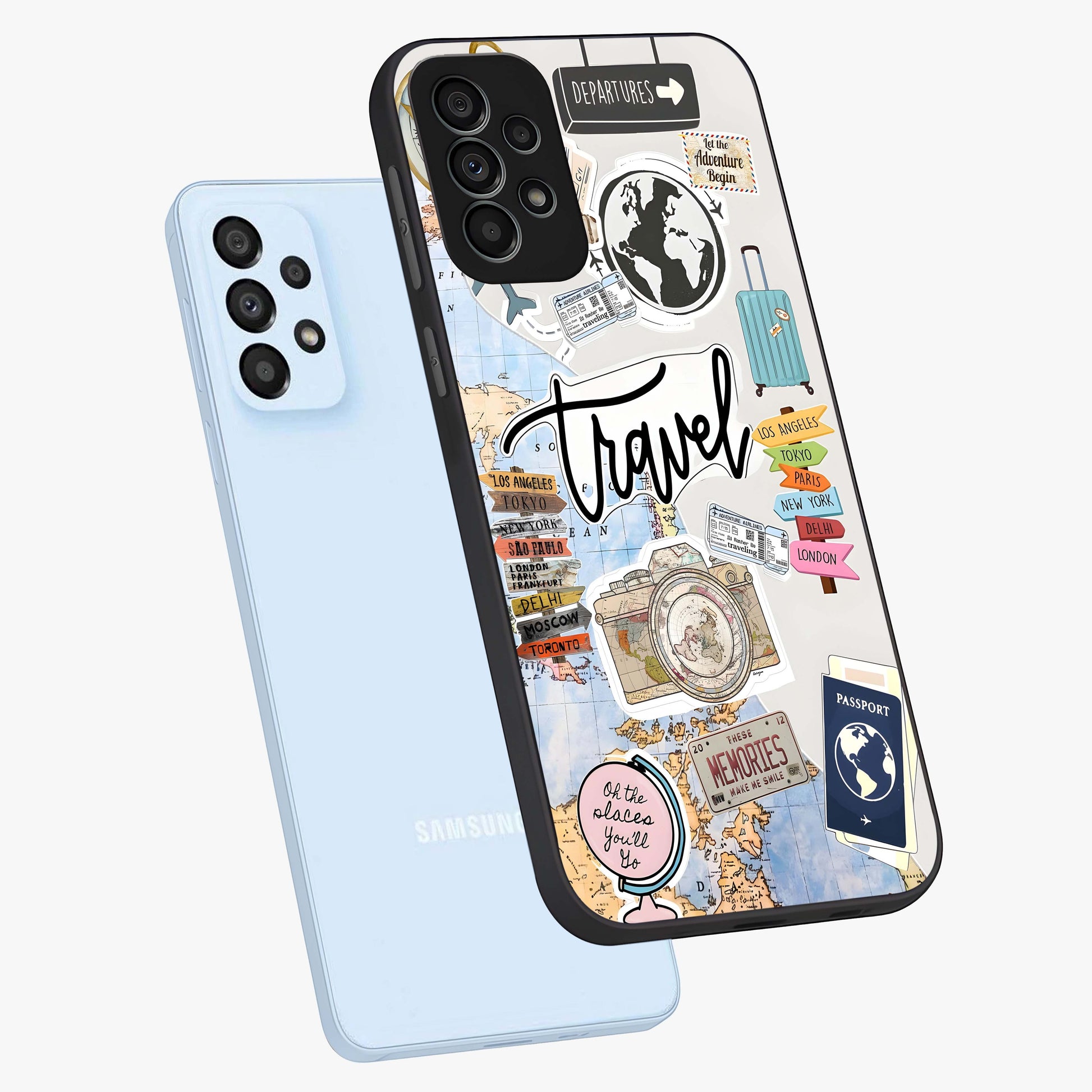 Wanderlust Journal Glass Case displayed in angled mockup highlighting adventure themed design with aesthetic travel vibe.