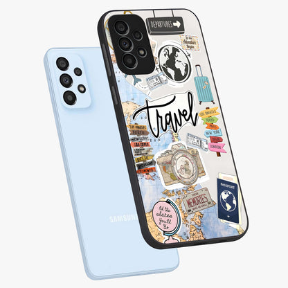 Wanderlust Journal Glass Case displayed in angled mockup highlighting adventure themed design with aesthetic travel vibe.