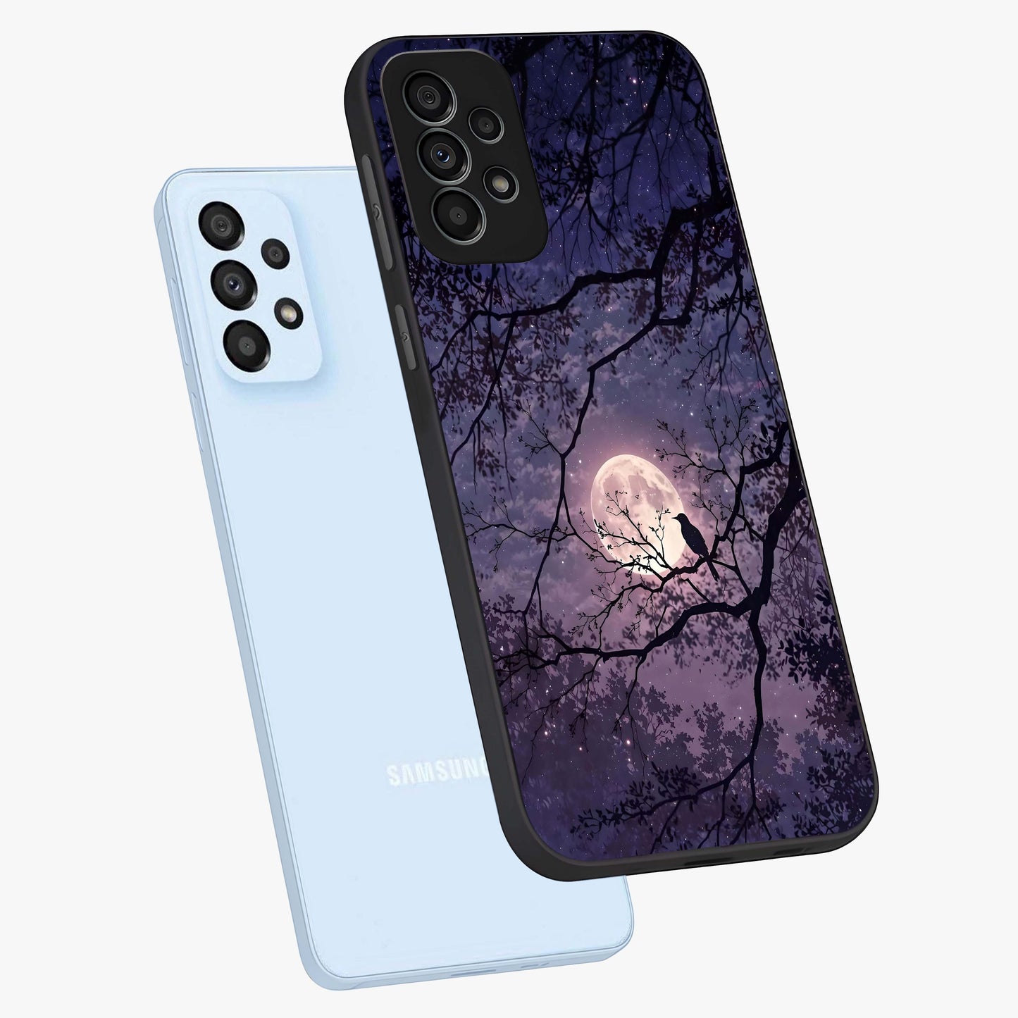 Whispering Moon Silence Glass Case displayed in angled mockup highlighting calm lunar design with dreamy night aesthetic.