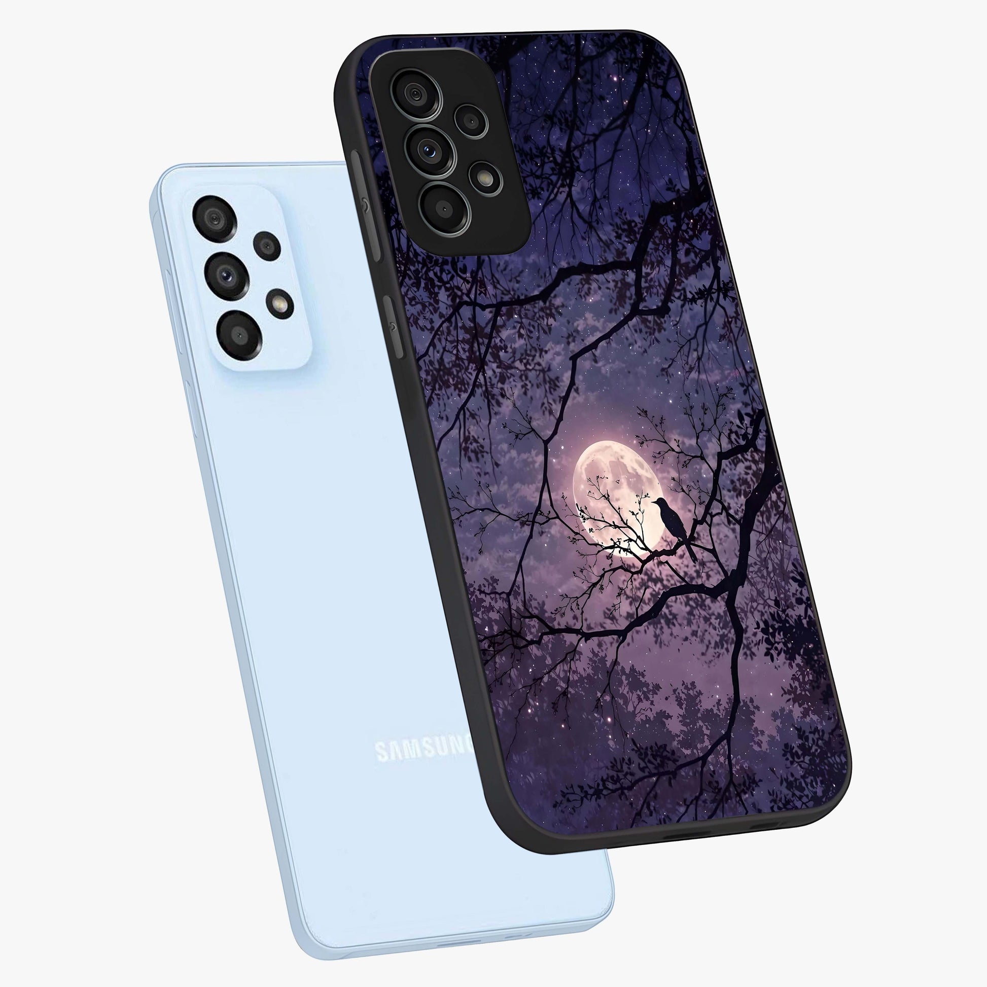 Whispering Moon Silence Glass Case displayed in angled mockup highlighting calm lunar design with dreamy night aesthetic.