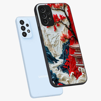 Whispers Of Sakura Waves Glass Case displayed in angled mockup highlighting flowing sakura design with soft floral aesthetic.